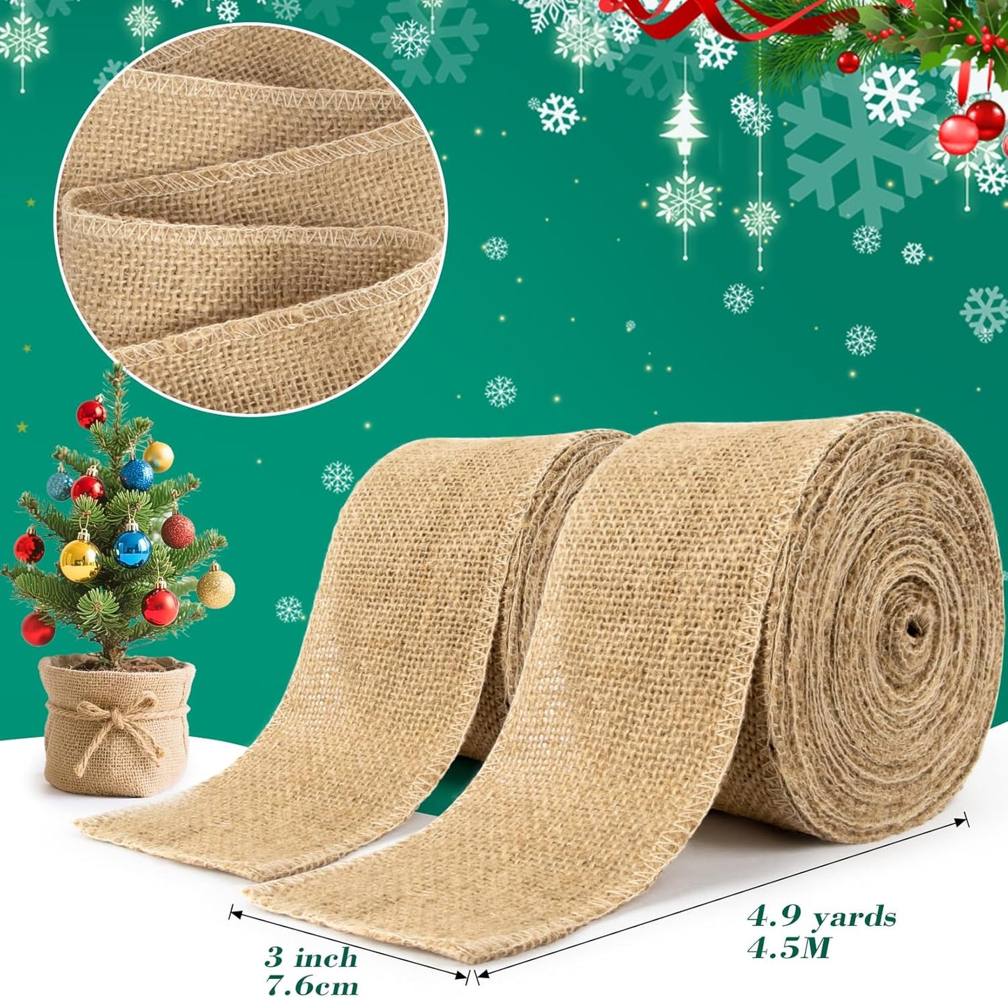 Burlap Ribbon 3 Inch Wide - Natural Burlap Fabric Rustic 29.5 FT 2 Rolls 4.9 Yard Thick Jute Christmas Ribbon for Crafts Flower Bouquet Christmas Tree Decorations