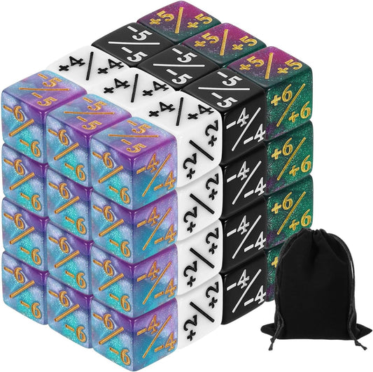 uxcell 48Pcs Magic Dice Counters, Acrylic D6 Life Token Dice Set with Pouch for Standard Cards Gaming Accessories, White, Black, Green & Purple, Blue & Purple