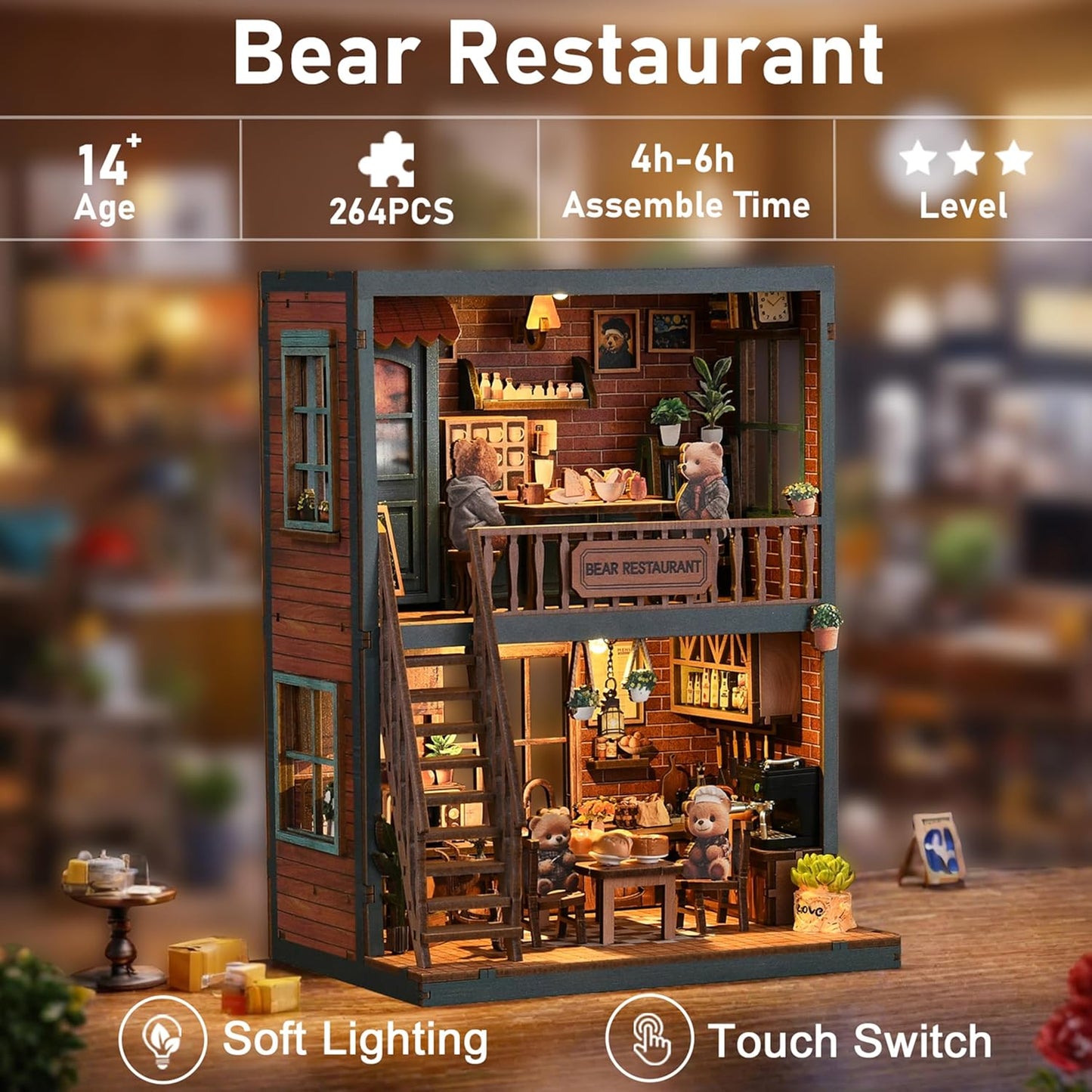 ISSEVE Book Nook Kit - DIY Miniature House Kit for Adults, Teens and Beginners, Dollhouse Booknook Craft Tiny House Bookshelf Decor 3D Wooden Puzzle, Gifts for Friends Family (Bear Restaurant)