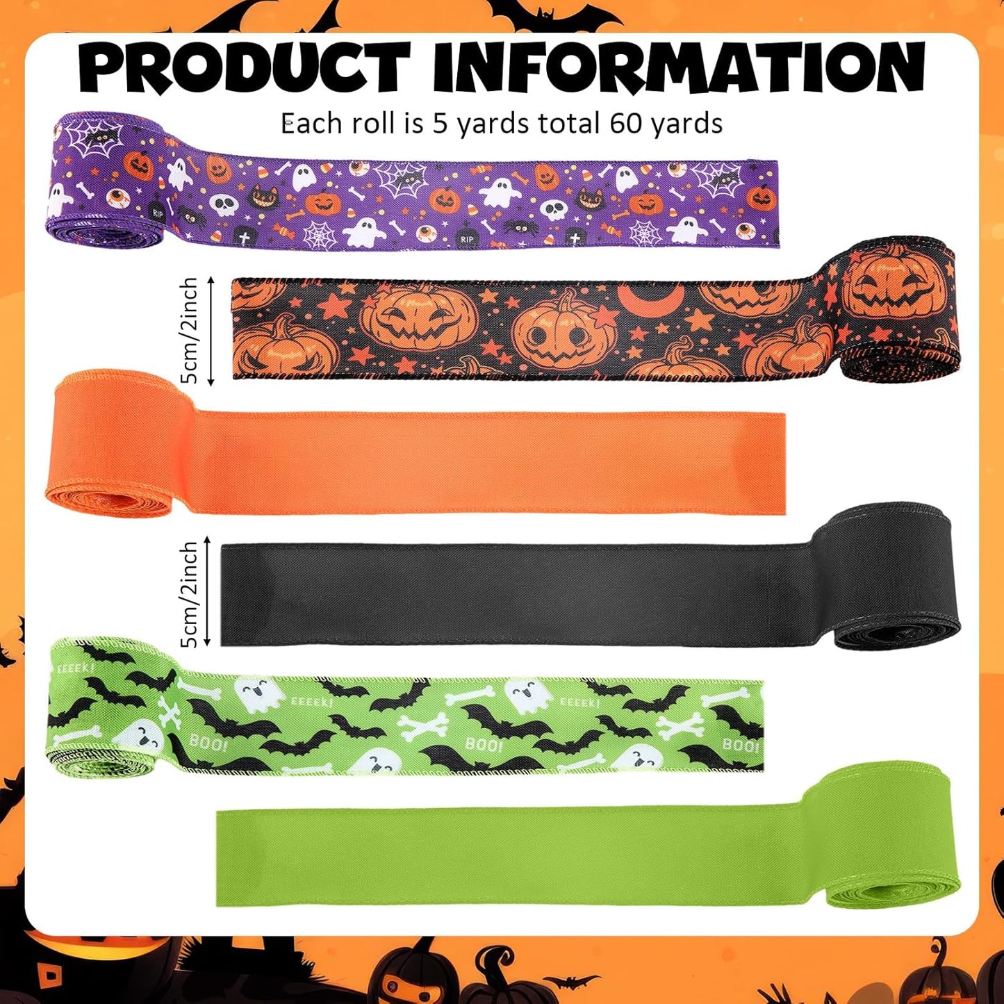 12 Rolls Halloween Wired Edge Ribbon for Wreaths 2 Inch x 60 Yards Bat Spider Web Pumpkin Print Grosgrain Ribbon Ghost Witch Hat Crafts for Halloween Party Decorative Supplies, 12 Styles