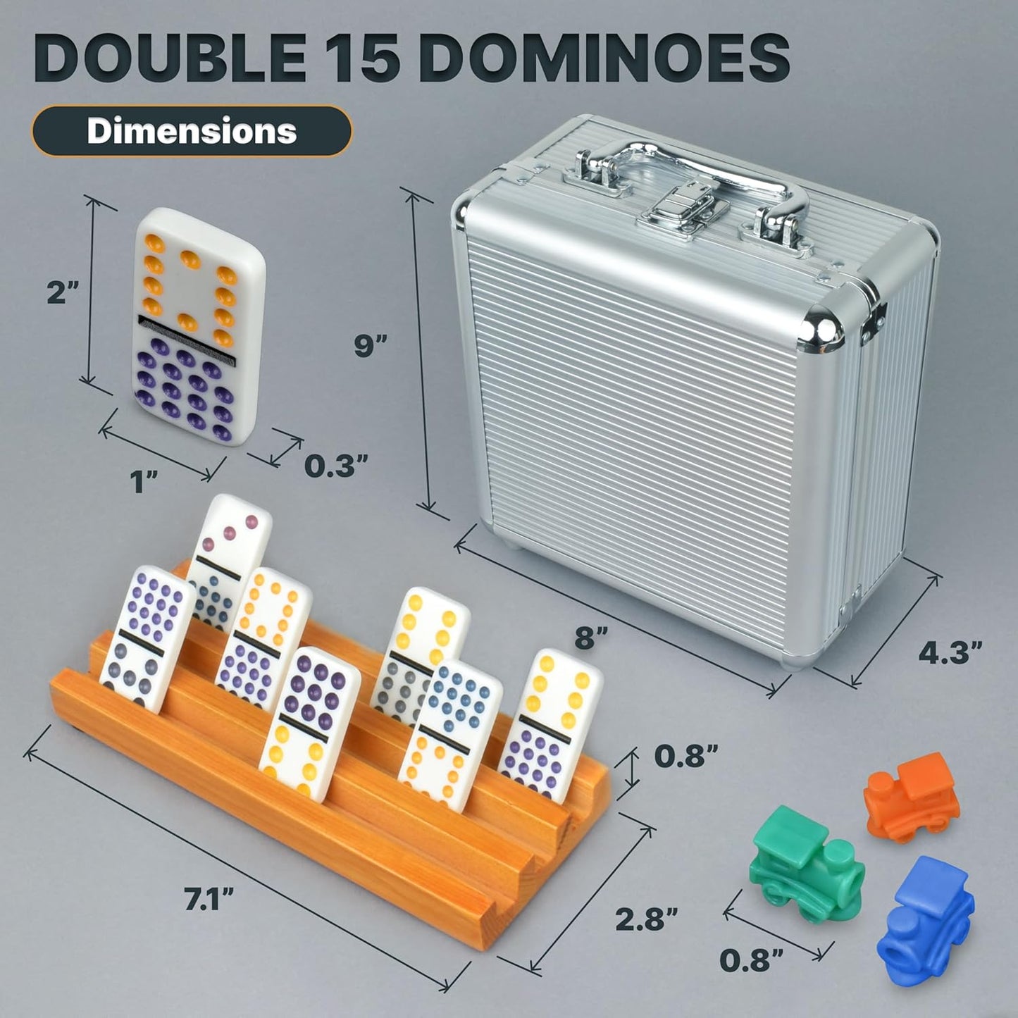 Queensell Mexican Train Dominoes Set Double 15 with 8 Holders - Wooden Hub and Tiles Holders - Double 15 with Dots (D15 + 8 Holders)