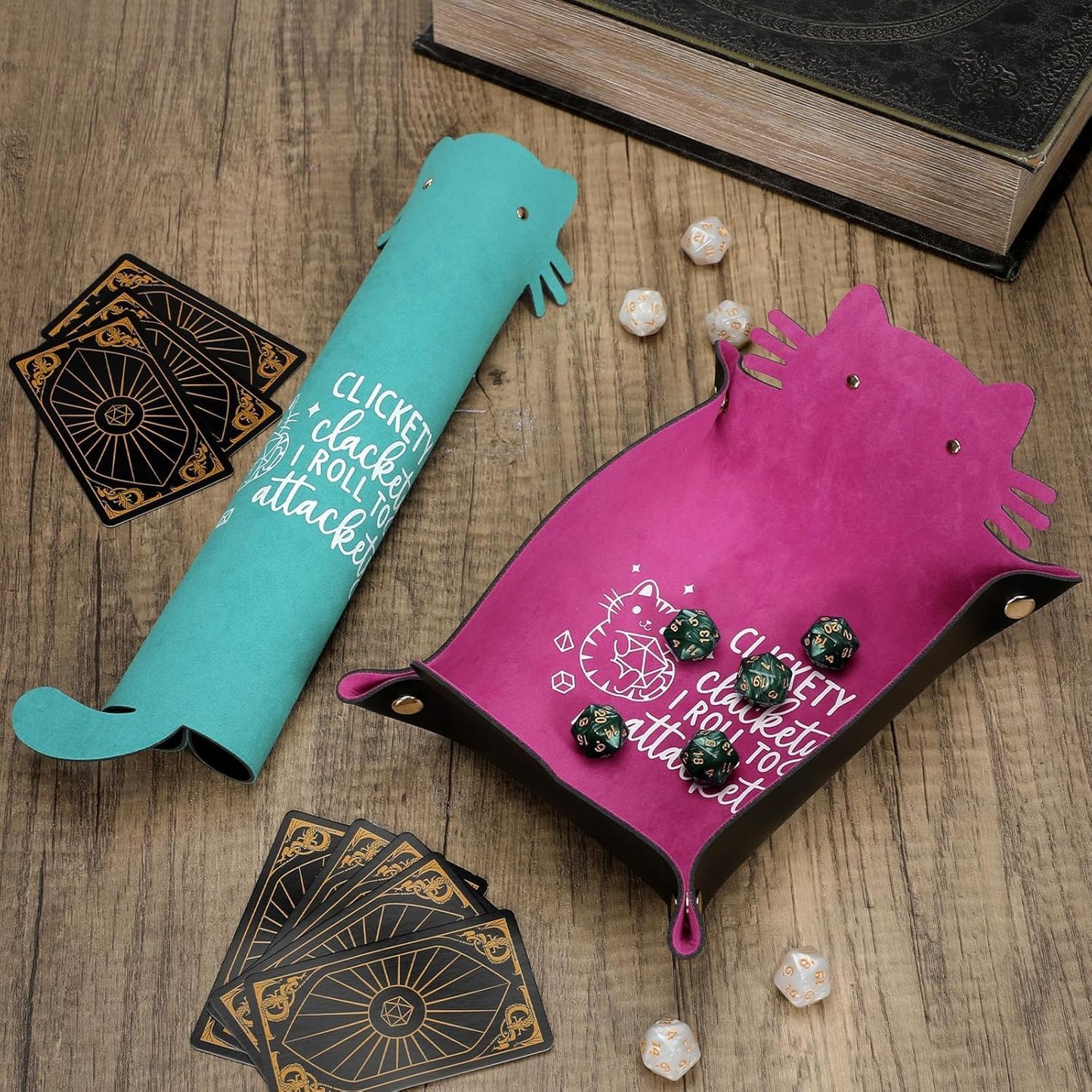 2Pcs Cat Dice Rolling Tray Novelty Folding Leather Dice Holder Portable Storage Accessories Decorative Desk Organizer Funny Gift for DND Game Players