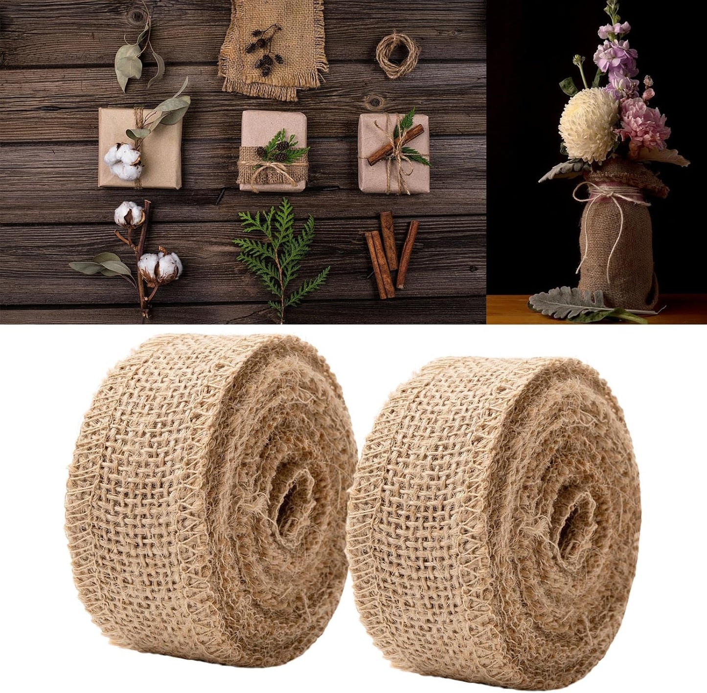 Burlap Fabric Roll - 10 Yards Natural Jute Fabric Ribbon for DIY Gift Wrapping Craft Projects Wedding Christmas Home Decoration (5 cm, 2 in)
