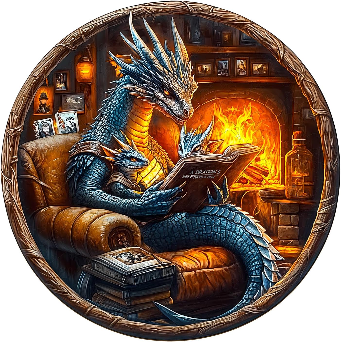 KAAYEE Wooden Puzzles for Adults, 3D Visual Effect Dragon Family Night Reading Wooden Jigsaw Puzzle Unique Shape Wood Puzzle Adult, 3D Effect Flat Puzzle Birthday Family Games (M-11.4*11.4 in-195pcs)