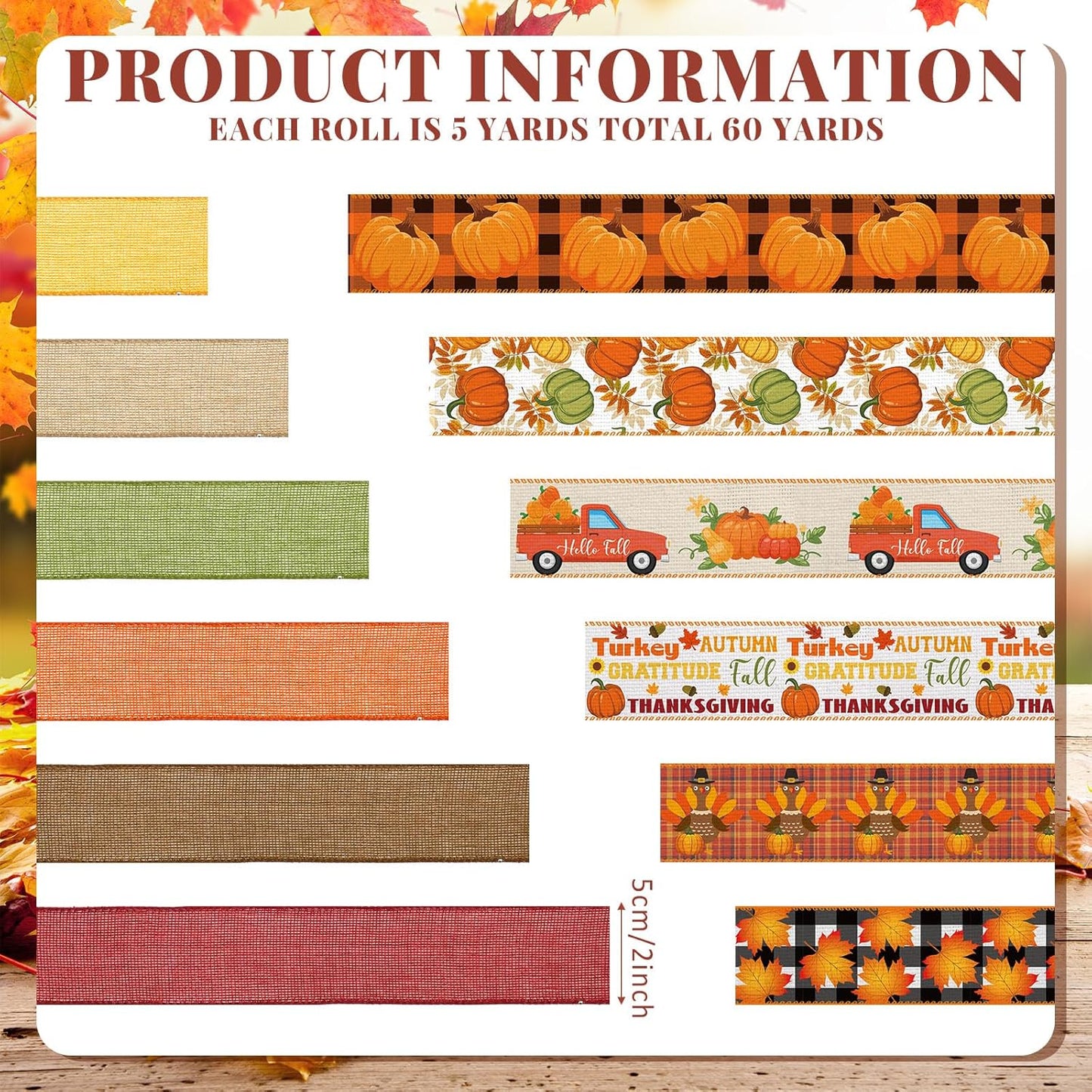 12 Rolls Fall Wired Edge Ribbon for Wreaths 2 Inch x 60 Yards Maple Leaves Pumpkin Turkey Print Ribbon Thanksgiving Plaid Crafts for Autumn Harvest Party Decoration Supplies, 12 Styles