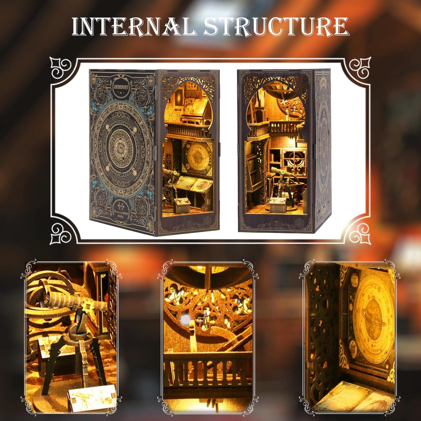 Book Nook Kits for Adults, 3D Printed DIY Miniature House Kit Astronomical Museum Booknook Wooden Puzzle Dollhouse Bookshelf Insert Decor with LED Lights Gifts for Book Lovers, Space Enthusiasts