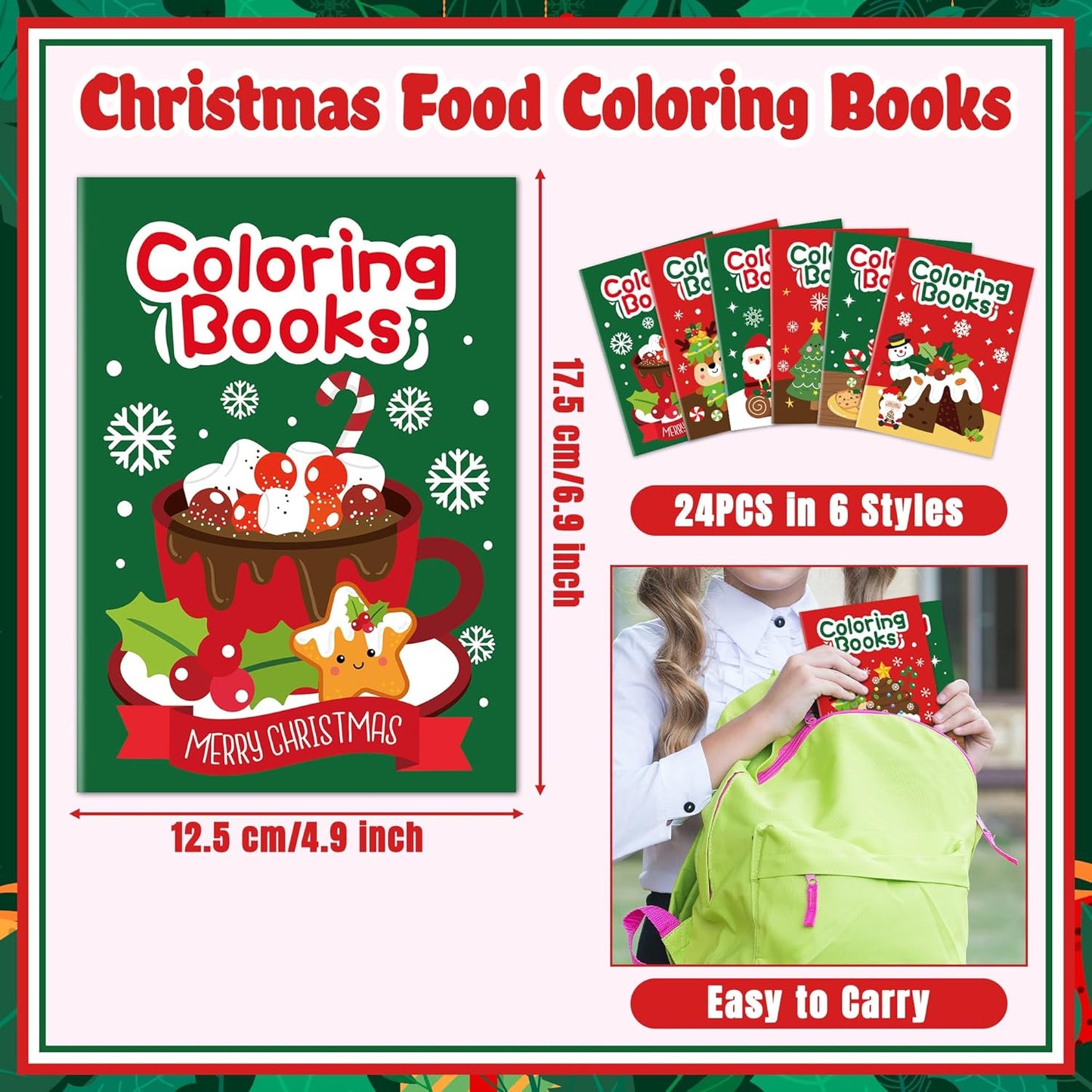 JAPBOR Christmas Food Coloring Books - 24PCS Mini Xmas Latte Color Book Bulk for Kids Party Favors, Merry Christmas Winter Small Colour Pages for School Class Drawing Painting Games
