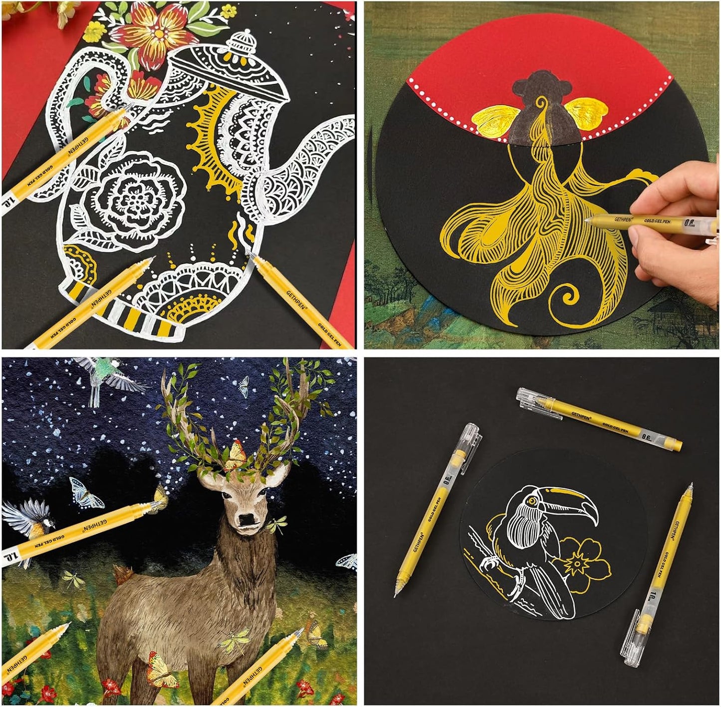 Gold Gel Pens 3-Pack - 0.6/0.8/1.0mm Fine to Bold Tips for Black Paper, Bullet Journaling & Holiday Crafts - Metallic Ink Set for Artists, Card Making & DIY Gifts