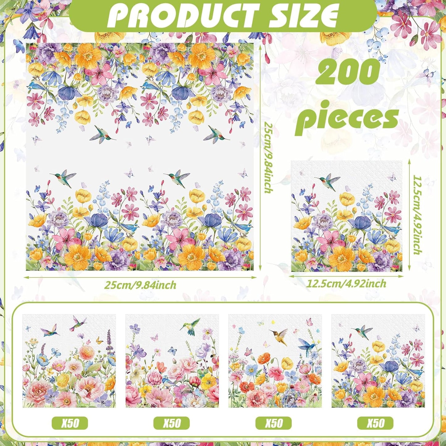 Janlaugh 200 Pcs Summer Floral Cocktail Napkins Disposable 2 Ply Flower Hummingbird Butterfly Dinner Paper Napkins Bulk for Summer Party Favor Supplies