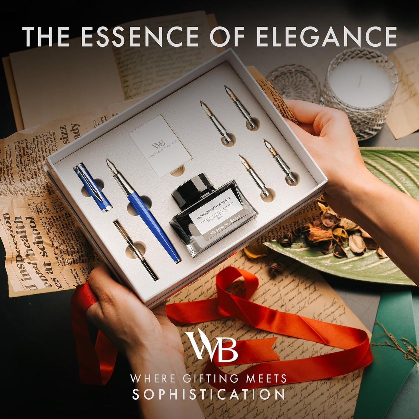 Wordsworth & Black Fountain Pen Gift Set, Includes Bottle, 6 Cartridges, Refill Converter, 4 Replacement Nibs, Premium Package, Journaling, Calligraphy, Smooth Writing Pens [Blue Chrome]