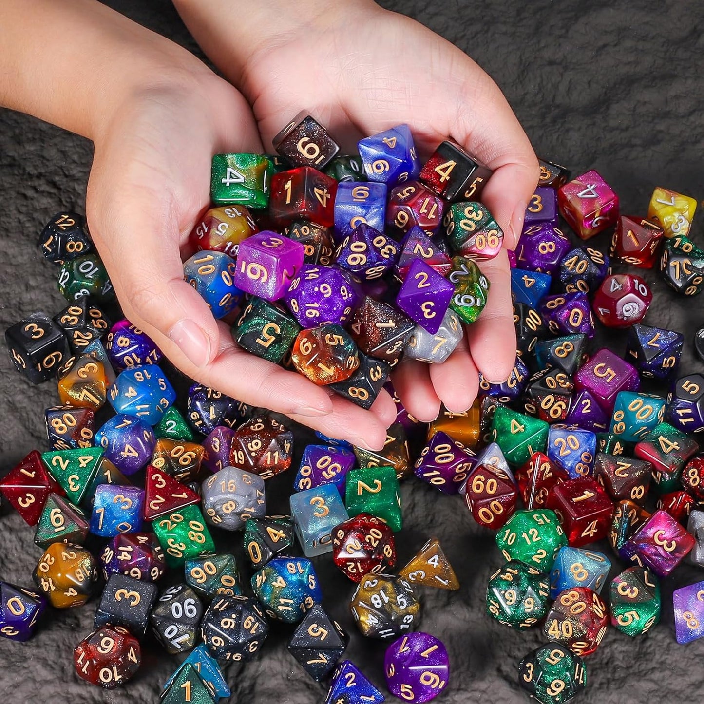 CiaraQ DND Dice Sets - 26 X 7 Polyhedral Dice (182pcs) with a Large Drawstring Bag for Dungeons and Dragons, Role Playing Table Game. Multiple Colors, Glitter Swirl Design with Gold Numbers.