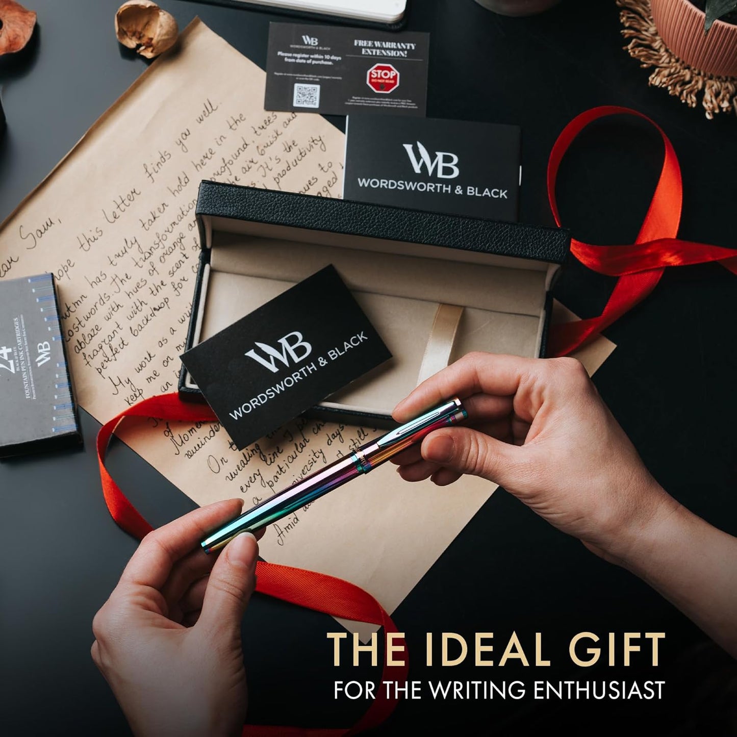 Wordsworth & Black Fountain Pen Set, 18K Gilded Medium Nib, Includes 24 Pack Ink Cartridges, Ink Refill Converter & Gift Box, Gold Finish, Calligraphy, [Rainbow], Perfect for Men & Women