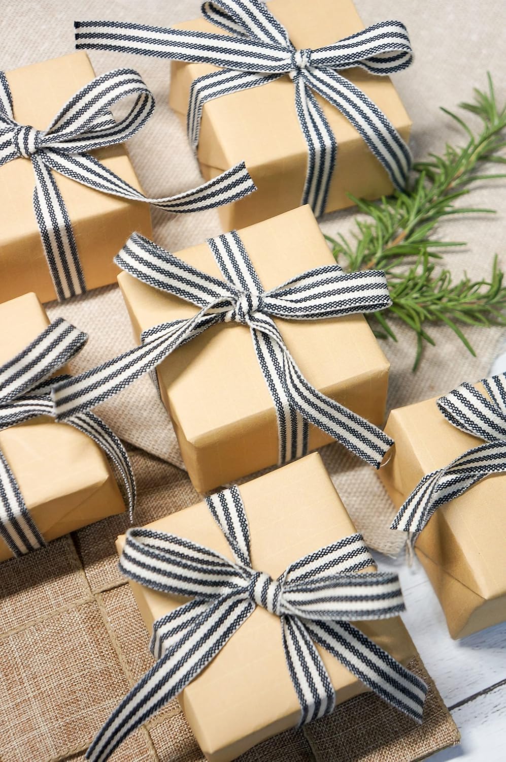 CT CRAFT LLC Ivory Cotton Black Stripes Ribbon 3/8" x 10 Yards for Home Décor Gift Present Wrapping DIY Crafts Birthday Wedding Bouquet Christmas