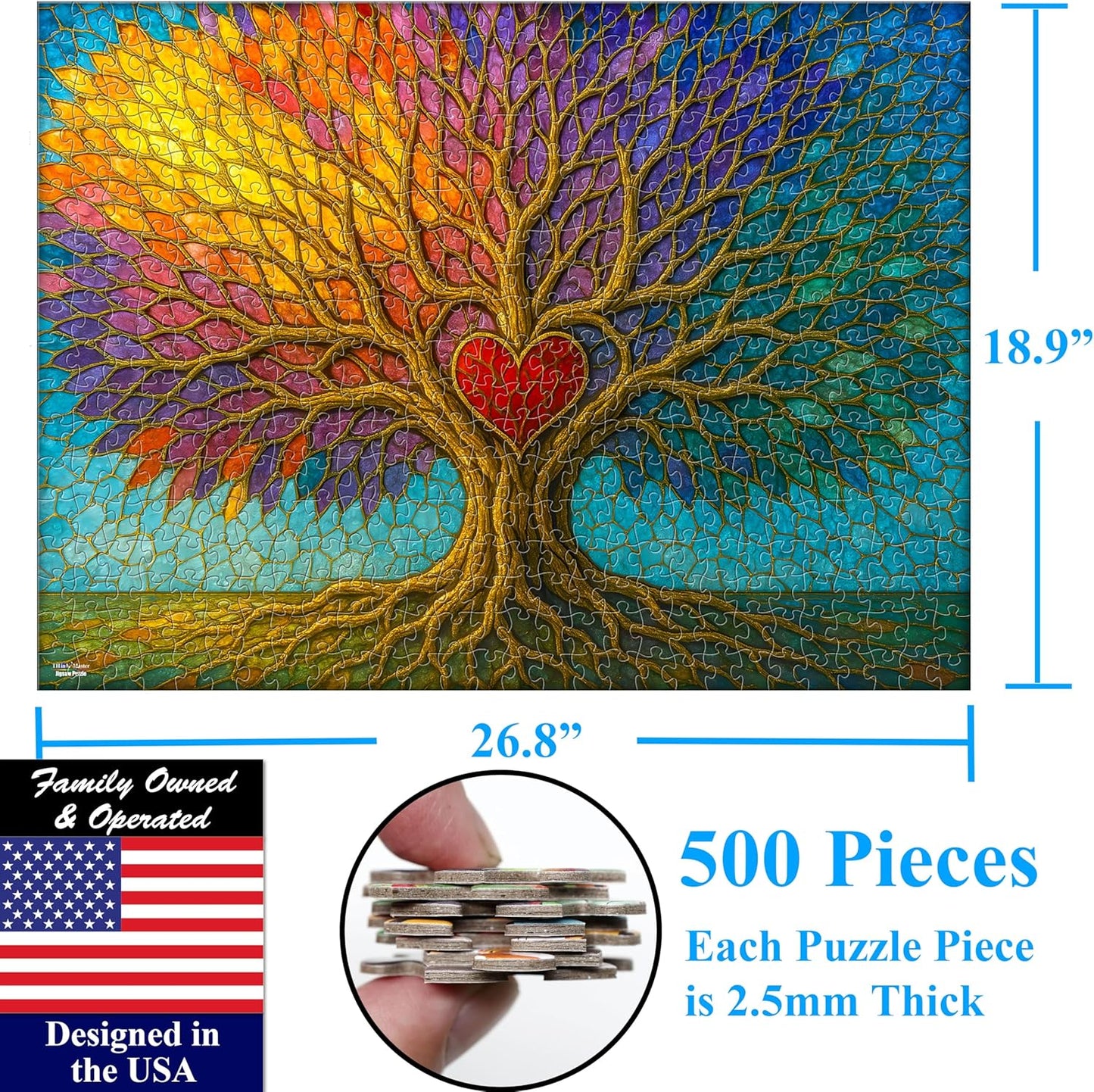 Think2Master Colorful Vibrant Stained Glass Style Artwork Tree of Life 500 Pieces Large Format Jigsaw Puzzle: Kids 12+, Teens, Adults & Families. Great Gift. Size: 26.8” X 18.9”
