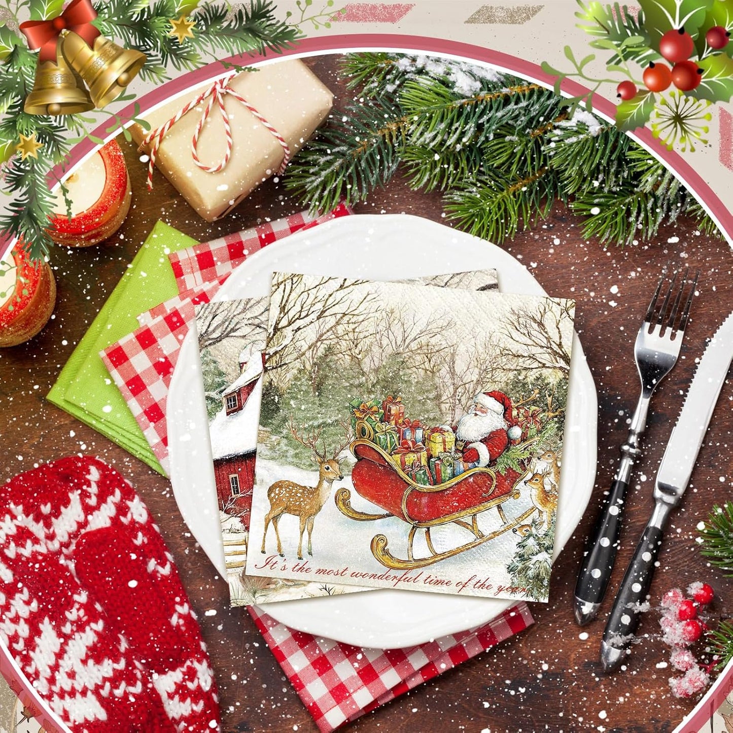 Janlaugh 200 Pcs Christmas Cocktail Napkins Disposable Nutcracker Paper Napkins Decoupage 2 Ply Vintage Santa Beverage Dinner Towels for Xmas Party Favor Supplies