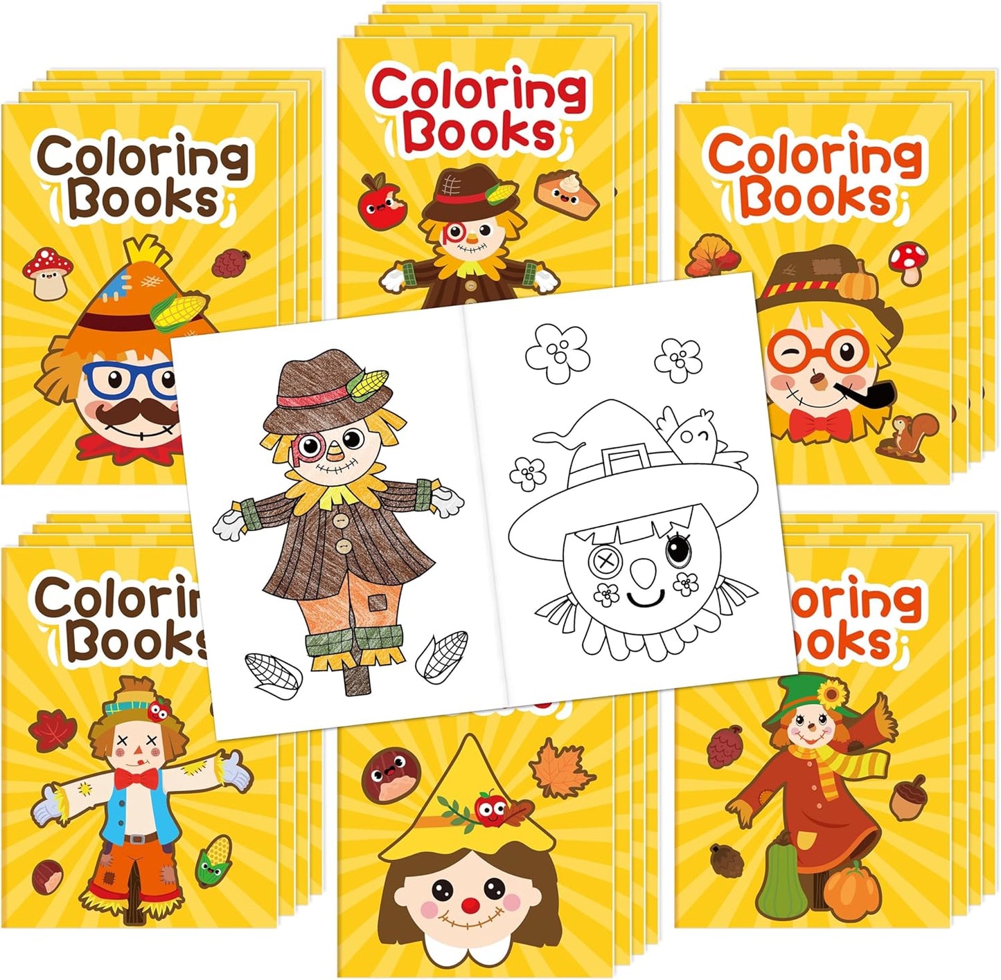 JAPBOR Fall Scarecrow Coloring Books - 24PCS Mini Autumn Scarecrows Color Book Bulk for Kids Party Favors, Thanksgiving Rustic Small Colouring Pages for Birthday Gifts Class Drawing Painting Game
