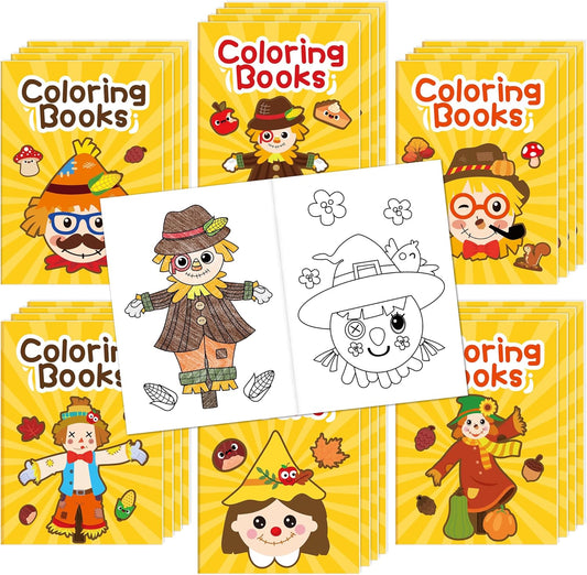 JAPBOR Fall Scarecrow Coloring Books - 24PCS Mini Autumn Scarecrows Color Book Bulk for Kids Party Favors, Thanksgiving Rustic Small Colouring Pages for Birthday Gifts Class Drawing Painting Game