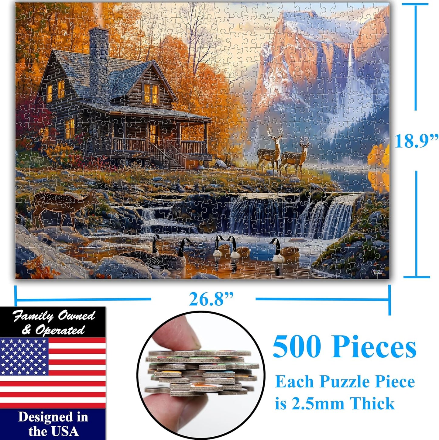 Think2Master Cabin by The Falls 500 Pieces Large Format Jigsaw Puzzle: Kids 12+, Teens, Adults & Families. Scenic Autumn Mountain Landscape with Log Cabin, Waterfall. Great Gift. Size: 26.8” X 18.9”