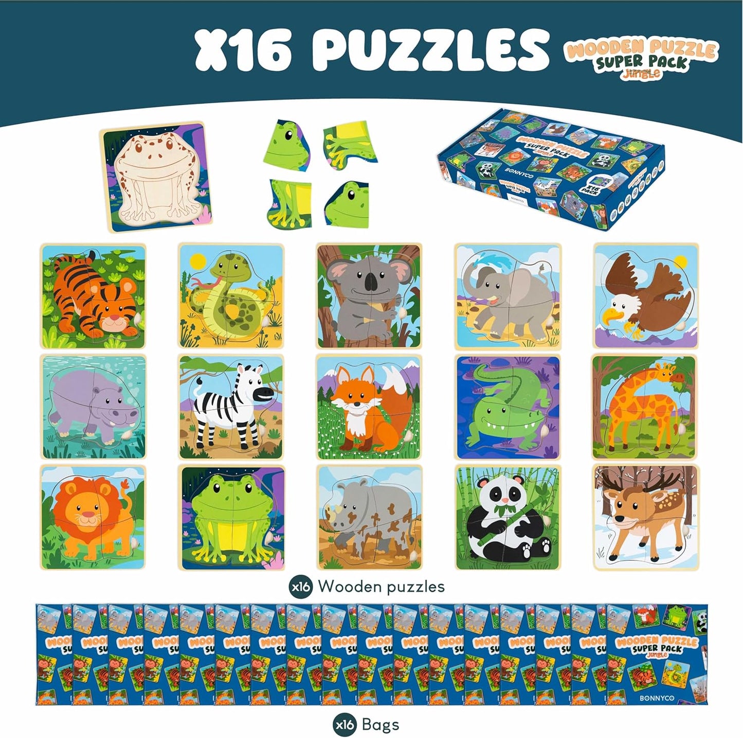 BONNYCO 4 Pieces Wooden Puzzles Pack 16 Party Favors for Kids 1 to 5. Birthday Goodie Bags Stuffers, Valentines Gifts for Toddlers Ideas, School Classroom Prizes and Baby Bulk Toys