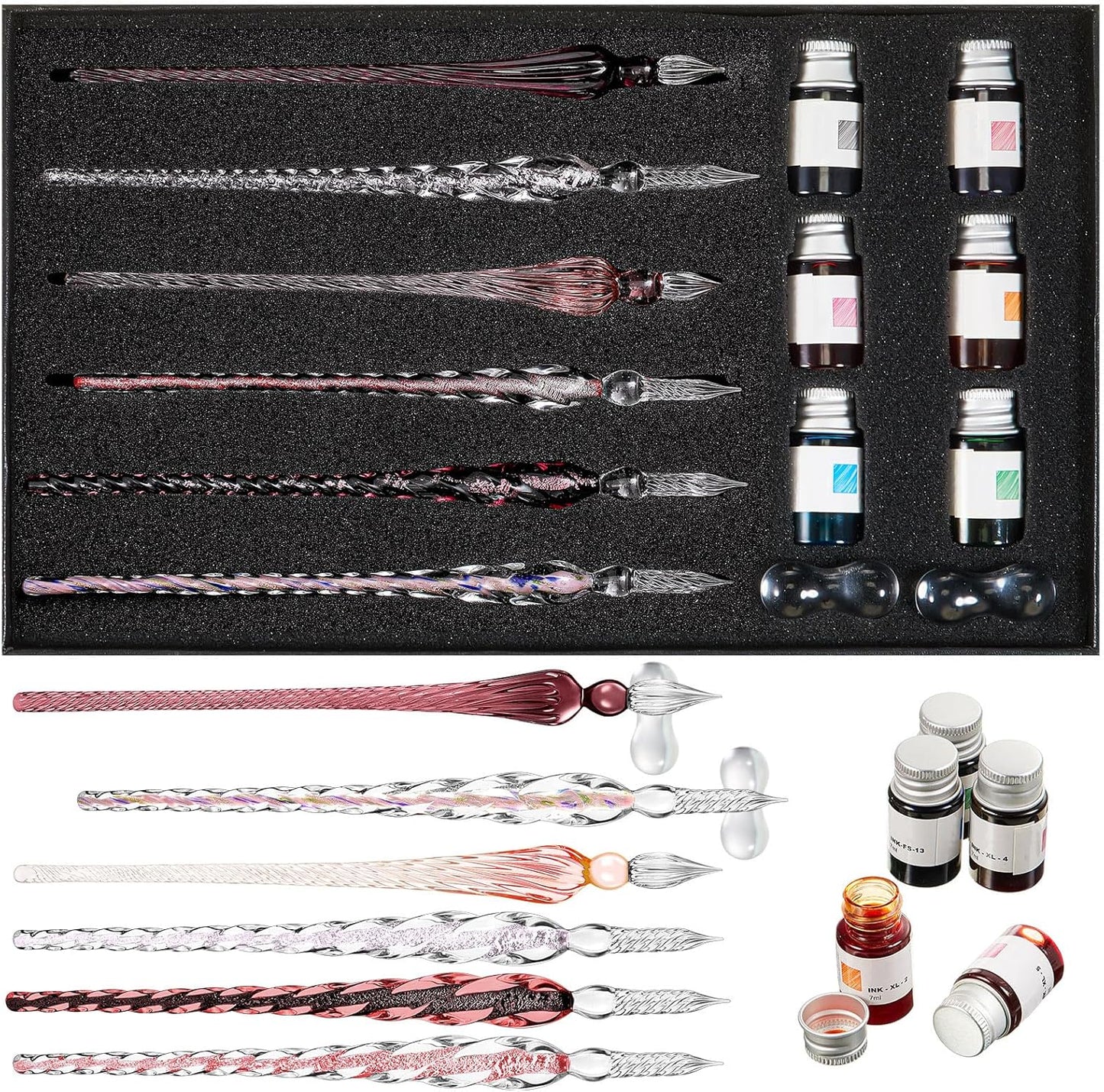 Zonon Glass Dipped Pen Ink Set 14 Pcs Include 6 Pcs Glass Dip Pen, 6 Colorful India Ink and 2 Holder Crystal Signature Calligraphy for Art, Writing, Signatures, Gift (Purple Pink Color System)