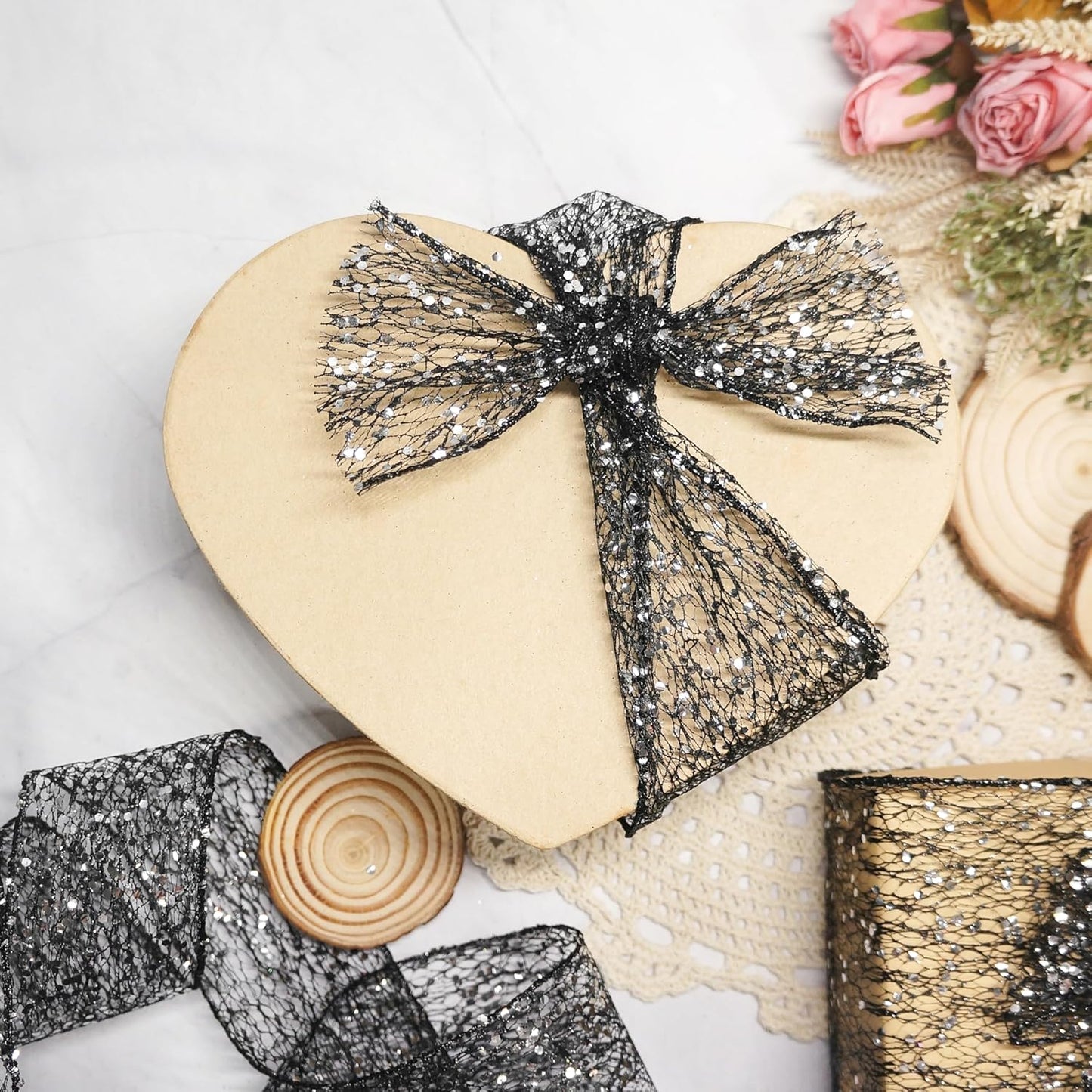 CT CRAFT LLC Sparkling Glitter Mesh Wired Ribbon 4" x 10 Yards Black for Christmas Home Decor Bow Gift Wrapping DIY Crafts Wreath