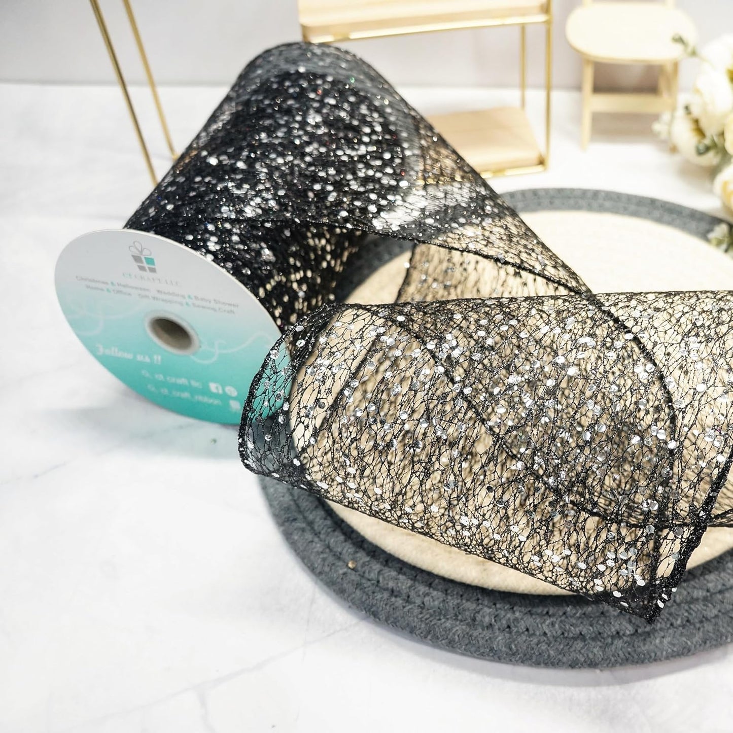 CT CRAFT LLC Sparkling Glitter Mesh Wired Ribbon 6" x 10 Yards Black for Christmas Home Decor Bow Gift Wrapping DIY Crafts Wreath