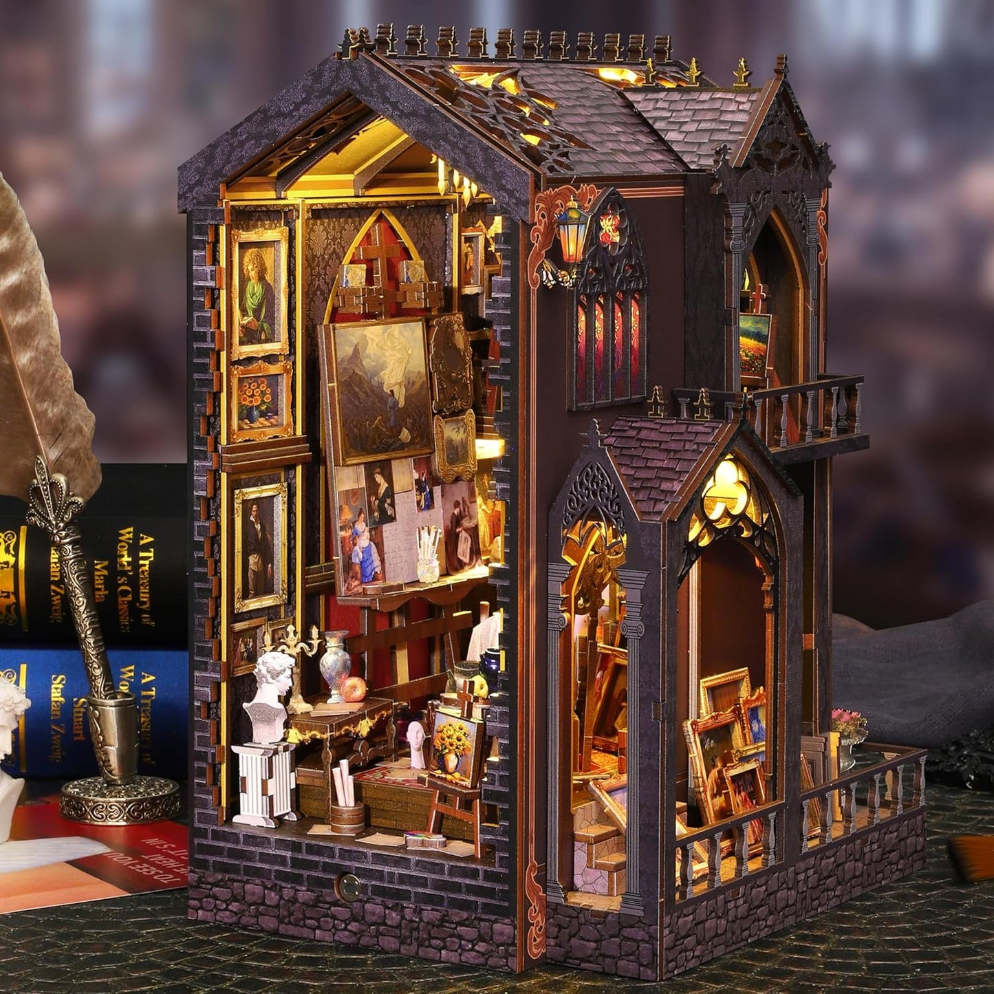 ISSEVE Book Nook Kit - DIY Miniature Dollhouse Booknook for Adults Teen, 3D Wooden Puzzle Tiny House Kit Bookshelf Decor, Gifts for Men Women Halloween Christmas Birthday (Art Studio)