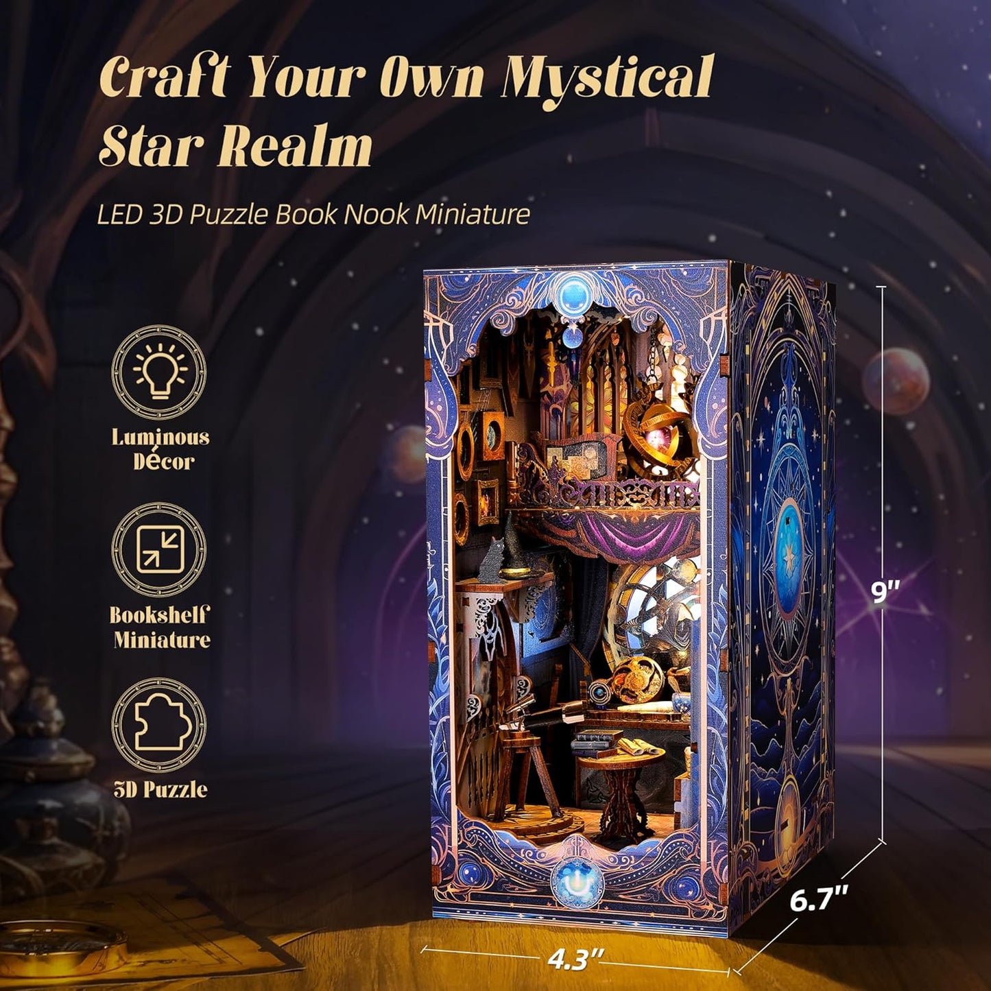 3D Wood Puzzle Book Nook Kit, Astrology Star Map Bookshelf Insert with LED Lights, DIY Celestial Miniature Bookend Décor for Display, Unique Craft Gift for Adults and Teens (Astrology)