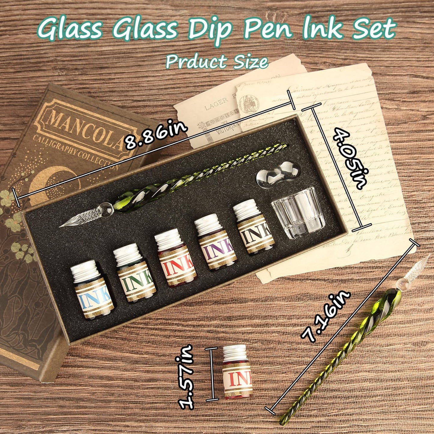 Mancola Glass Dipped Crystal Calligraphy Pen Set with 5 Colorful India Ink, 1 Pen Holder, 1 Cleaning Cup, Ink Drip Tool, Signatures, Drawing, Decoration Kits for Beginners