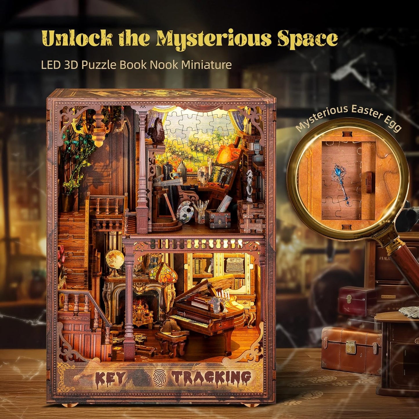 3D Wooden Puzzle Book Nook Kit with LED Light, DIY Miniature Bookshelf Insert Décor for Display, Unique Craft Gift for Adults and Teens (Key Tracking)