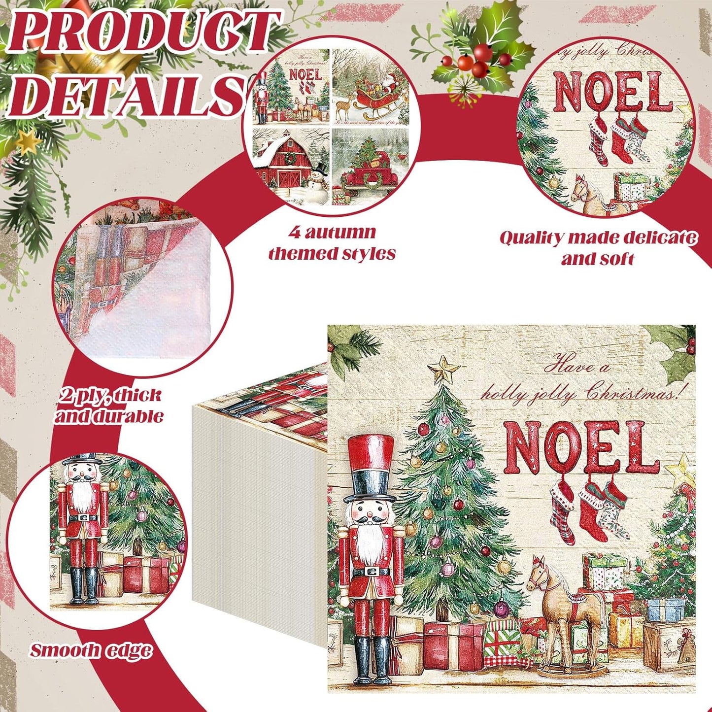 Janlaugh 200 Pcs Christmas Cocktail Napkins Disposable Nutcracker Paper Napkins Decoupage 2 Ply Vintage Santa Beverage Dinner Towels for Xmas Party Favor Supplies