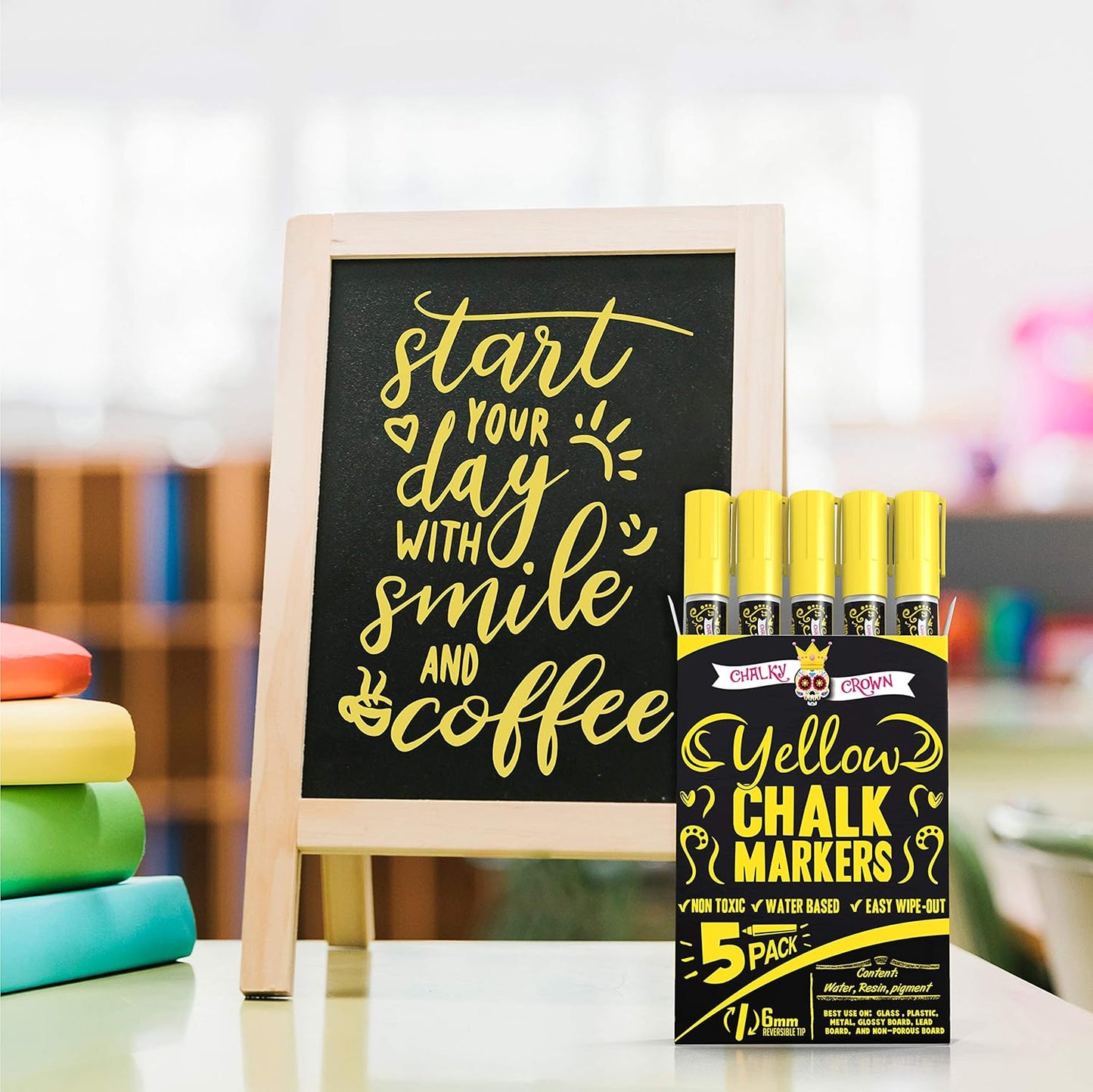 CHALKY CROWN Liquid Chalk Marker Pen - Dry Erase Marker - Chalk Markers for Chalkboard Signs, Windows, Blackboard, Glass - 6mm Reversible Tip (Yellow, 5 Pack)