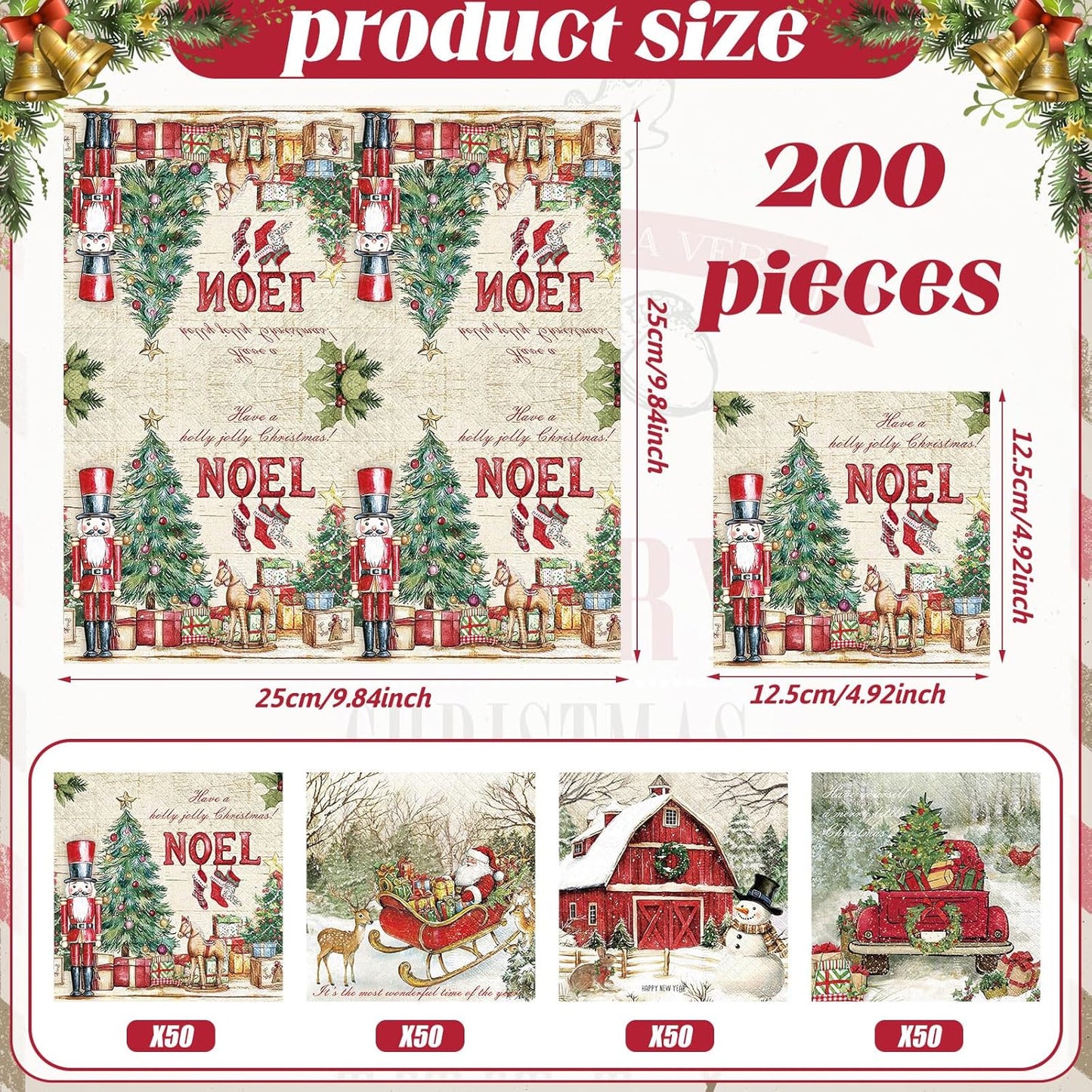 Janlaugh 200 Pcs Christmas Cocktail Napkins Disposable Nutcracker Paper Napkins Decoupage 2 Ply Vintage Santa Beverage Dinner Towels for Xmas Party Favor Supplies