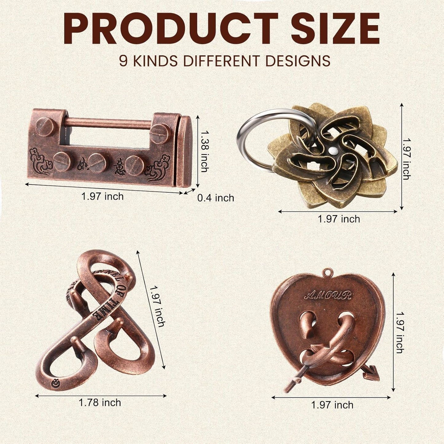 Wettarn 9 Pcs Metal Brain Teaser Puzzles Teaser 3D Steel Puzzle for Adults Unlock Interlocking Games IQ Education Smart Logic Test Toys for Adults Mind Challenge(Fun Style)