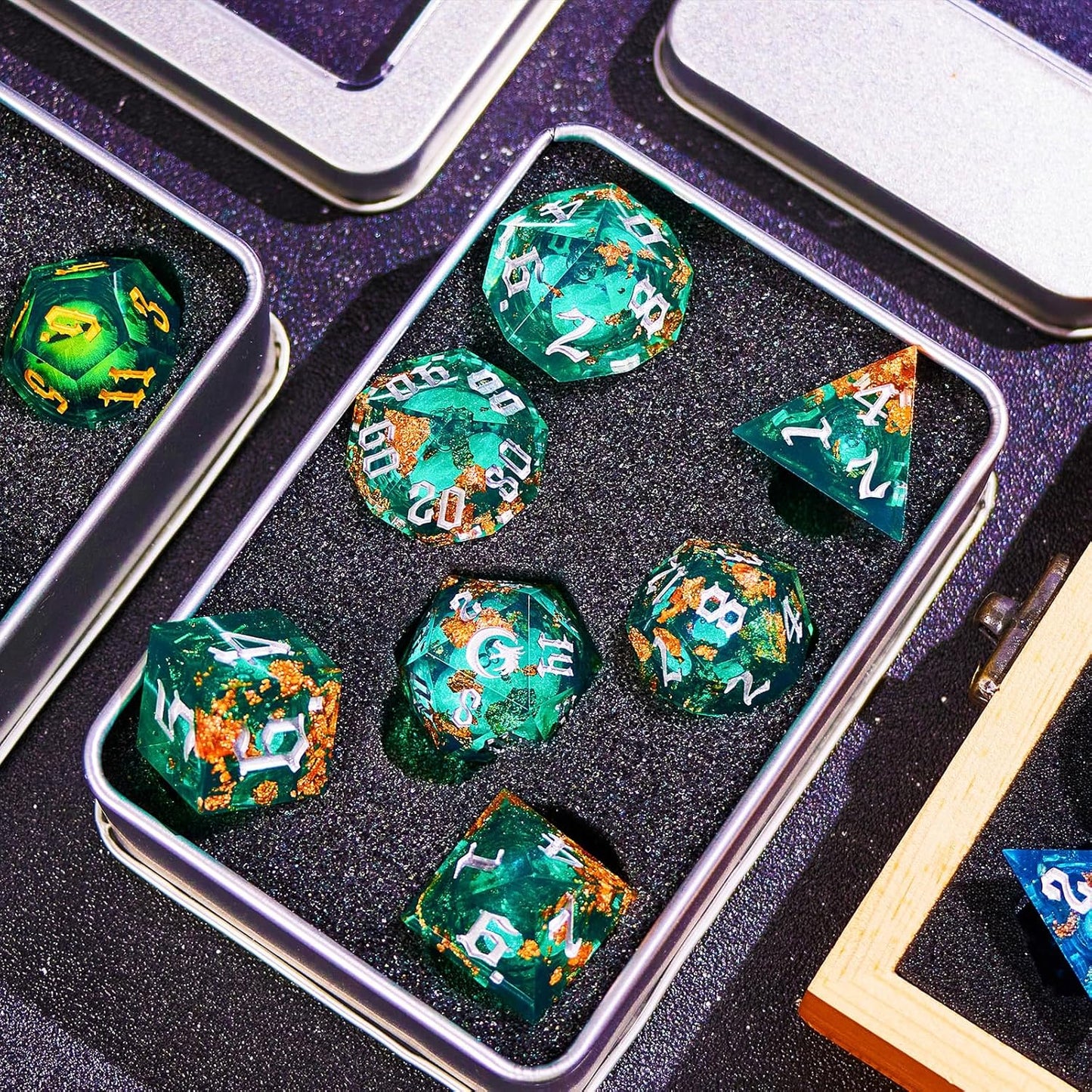 The Green Moon of Mystery Liquid Core DND Dice Set – Unique Resin Dice Set for Dungeons & Dragons – Galaxy Moon Dice for D&D Gifts