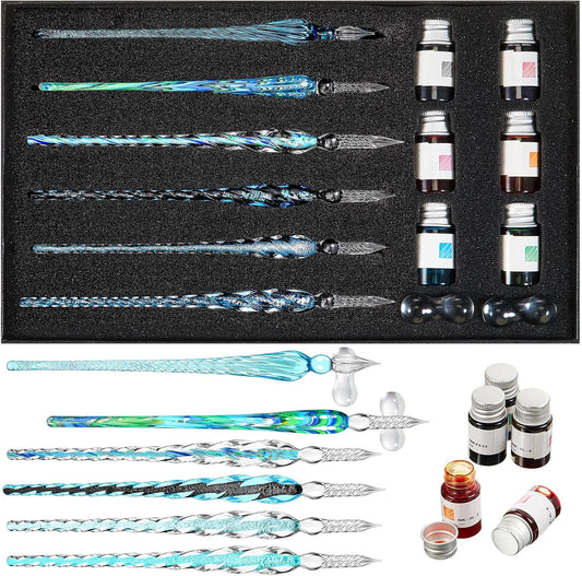 Zonon Glass Dipped Pen Ink Set 14 Pcs Include 6 Pcs Glass Dip Pen, 6 Colorful India Ink and 2 Holder Crystal Signature Calligraphy for Art, Writing, Signatures, Gift(Blue Color System)