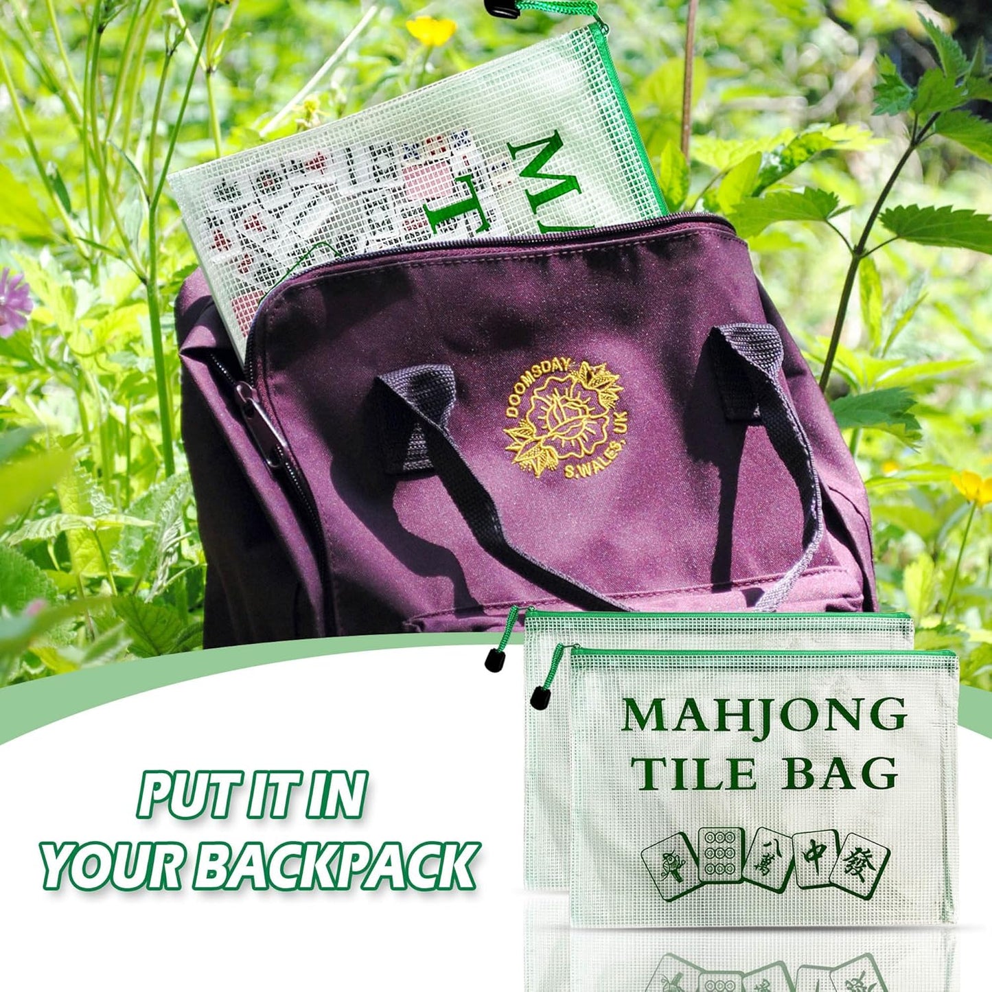 2Pack Mahjong Tile Bag, Case for American Mah Jong Set, Mahjong Gifts Accessories, Portable Card Holder Bouch, Green (Case Only)