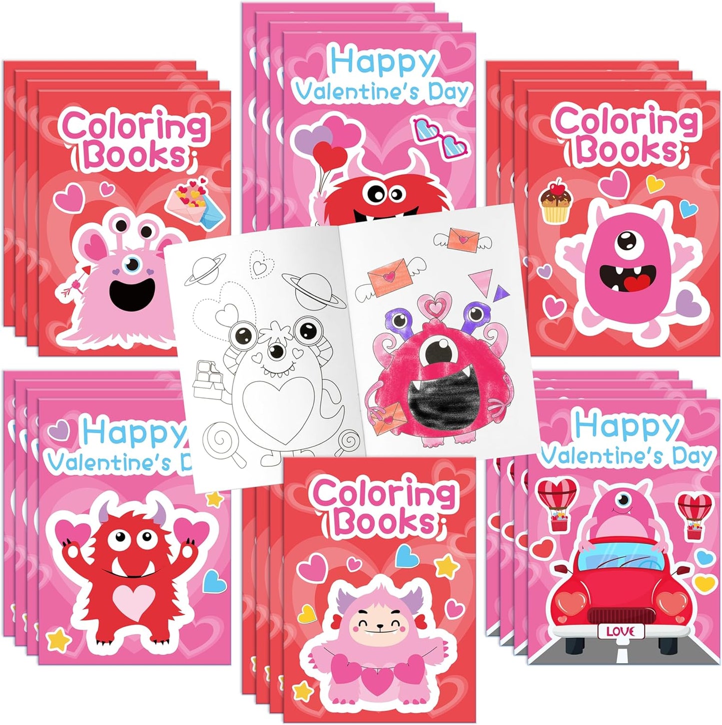 JAPBOR Valentine's Day Coloring Book - 24PCS Mini Valentine Monster Color Books Bulk for Party Favors, Sweet Romantic Themed Small Colouring Pages for Birthday Gifts Class Drawing Painting Game