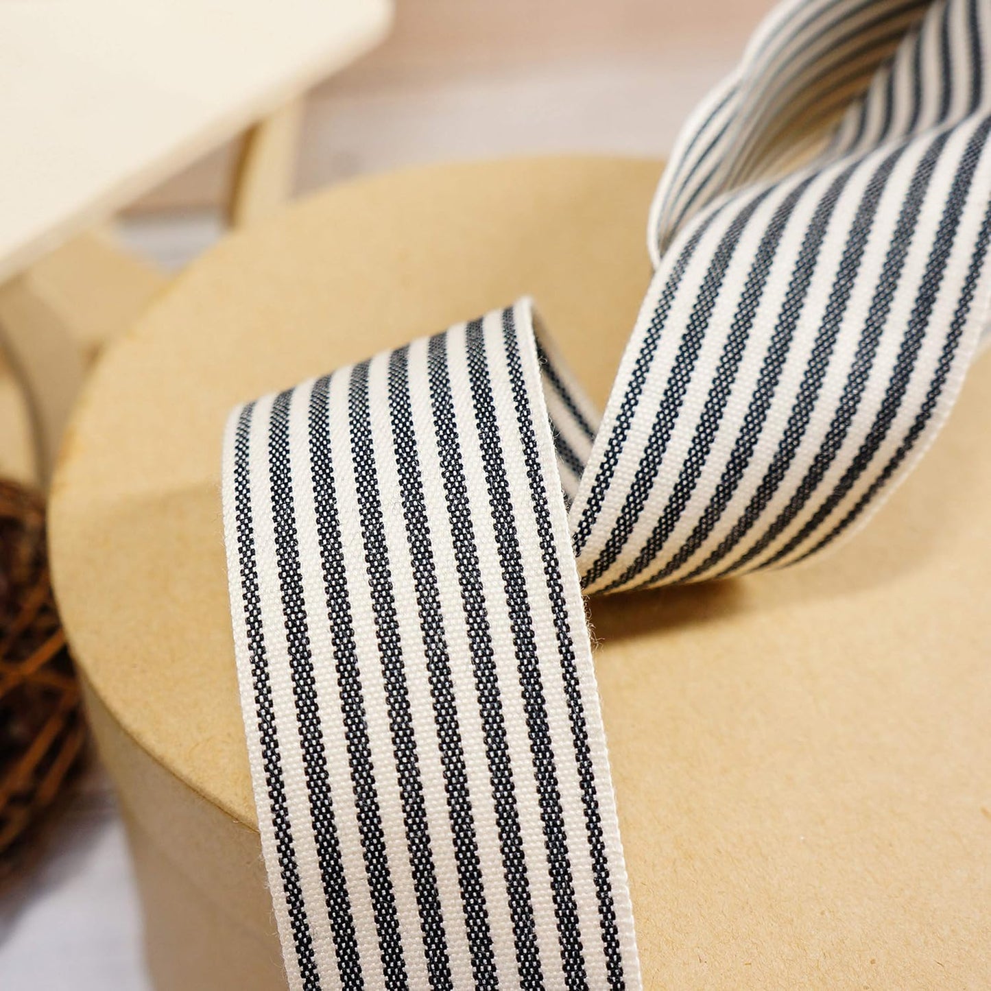 CT CRAFT LLC Ivory Cotton Black Stripes Ribbon 1.5" x 10 Yards for Home Décor Gift Present Wrapping DIY Crafts Birthday Wedding Bouquet Christmas