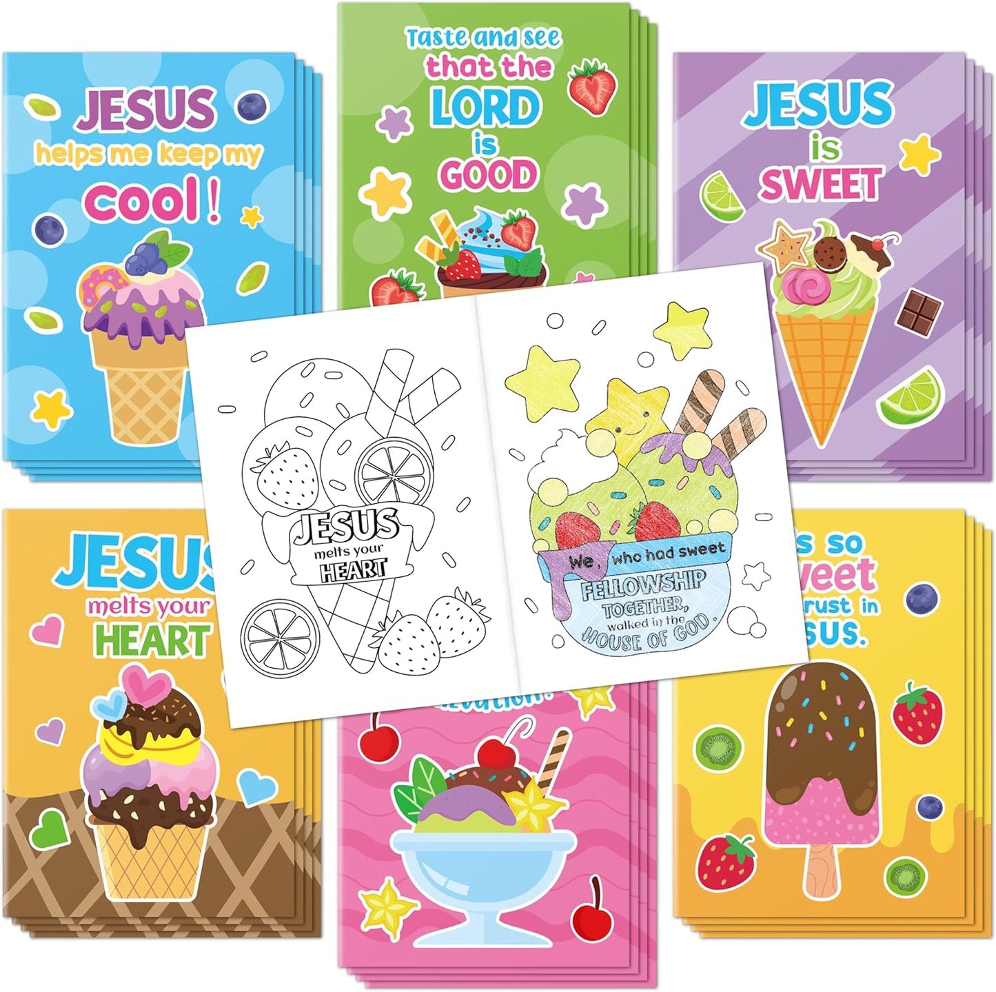 JAPBOR Ice Cream Coloring Books - 24PCS Mini Summer Religious Color Book Bulk for Kids Party Favors, Christian Jesus Small Colour Pages for Sunday School Class Drawing Painting Games Goodie Bag Filler