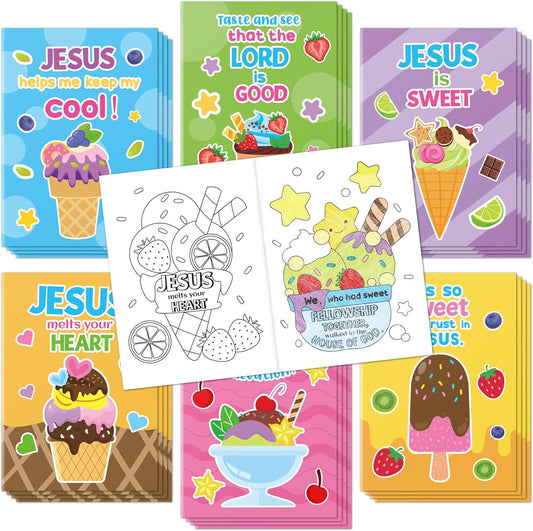 JAPBOR Ice Cream Coloring Books - 24PCS Mini Summer Religious Color Book Bulk for Kids Party Favors, Christian Jesus Small Colour Pages for Sunday School Class Drawing Painting Games Goodie Bag Filler
