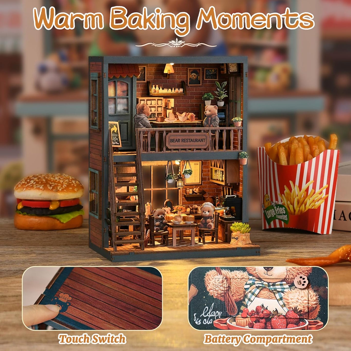 ISSEVE Book Nook Kit - DIY Miniature House Kit for Adults, Teens and Beginners, Dollhouse Booknook Craft Tiny House Bookshelf Decor 3D Wooden Puzzle, Gifts for Friends Family (Bear Restaurant)