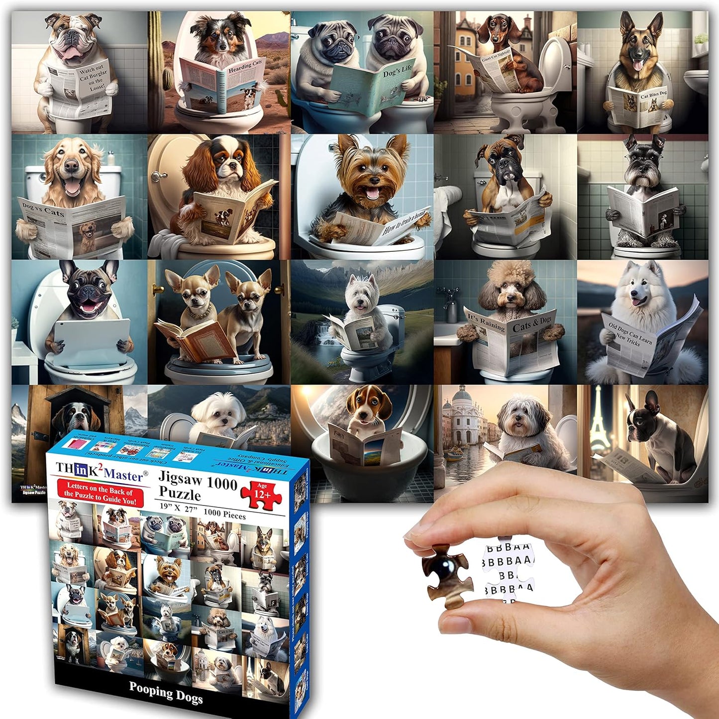 Think2Master Pooping Dogs & Puppies 1000 Pieces Jigsaw Puzzle. Pooping Puppies, Funny Bathroom Decoration, Gag Gift. Fun Toy Teens, Adults, Seniors & Families. Great for Kids 13+ Size: 26.8” x 18.9”