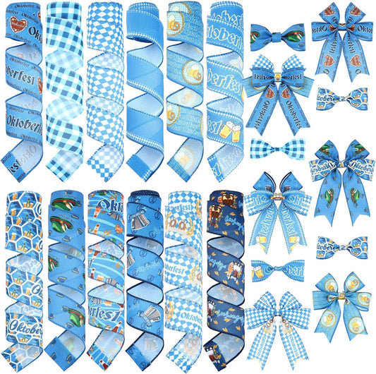12 Rolls Oktoberfest Wired Edge Ribbon for Wreaths 2.5 Inch x 30 Yards Blue and White Print Grosgrain Ribbon Bavarian German Beer Crafts for Oktoberfest Party Decorative Supplies, 12 Styles
