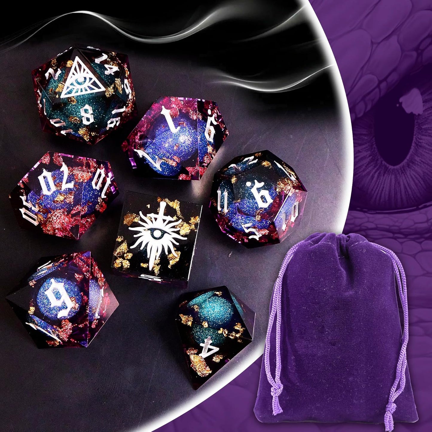Black Eye of Mystery Liquid Core DND Dice Set – Unique Resin Dice Set for Dungeons & Dragons – Third Eye Dice Set for D&D Gifts