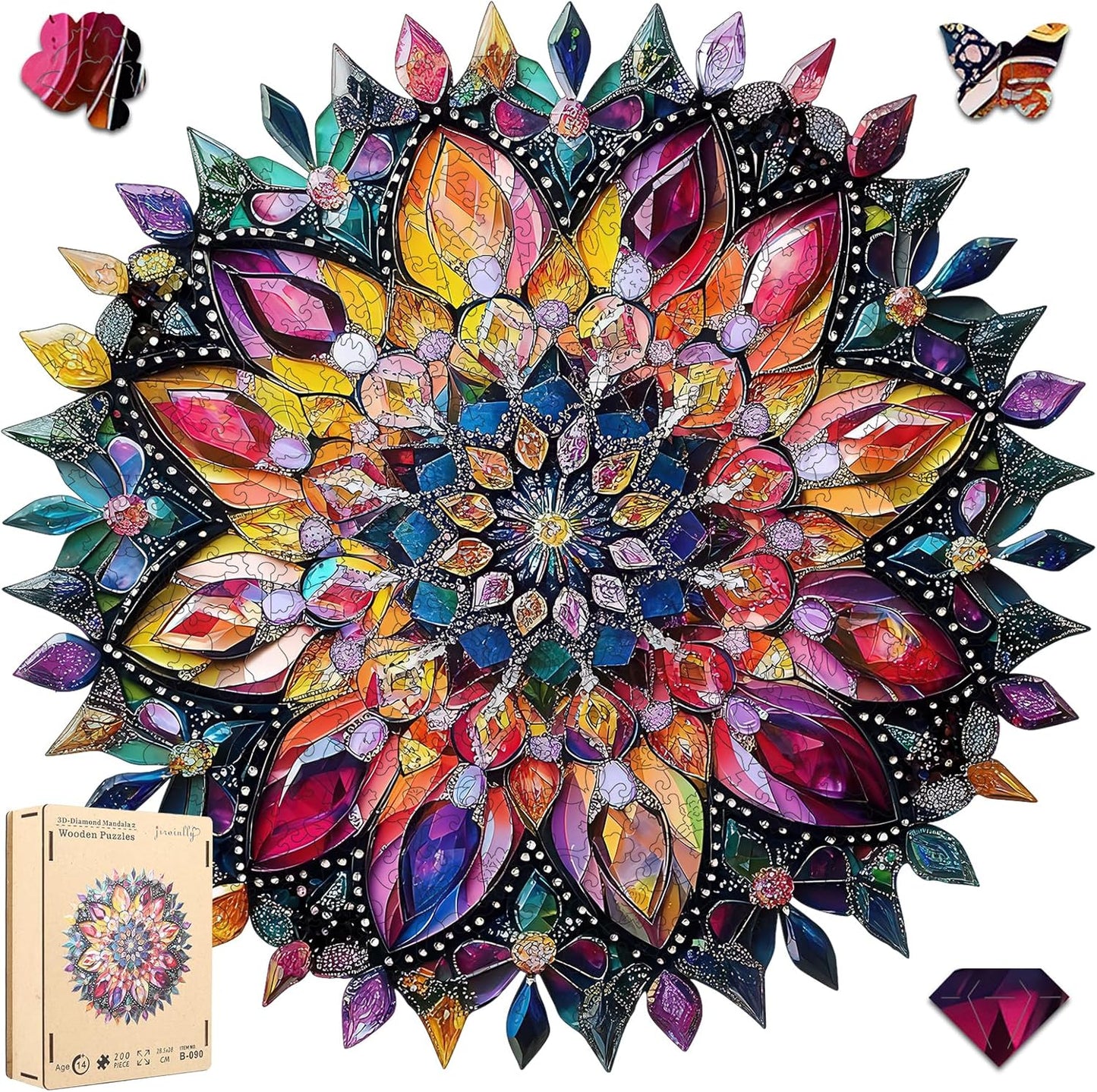 Wooden Jigsaw Puzzles 500 Pcs - Diamond Mandala Wooden Puzzles for Adults, Luxurious Shaped Wood Puzzle, Beautiful Package, Best Gift for Adults and Kids, Family Game, 16.7'' x 16.7''