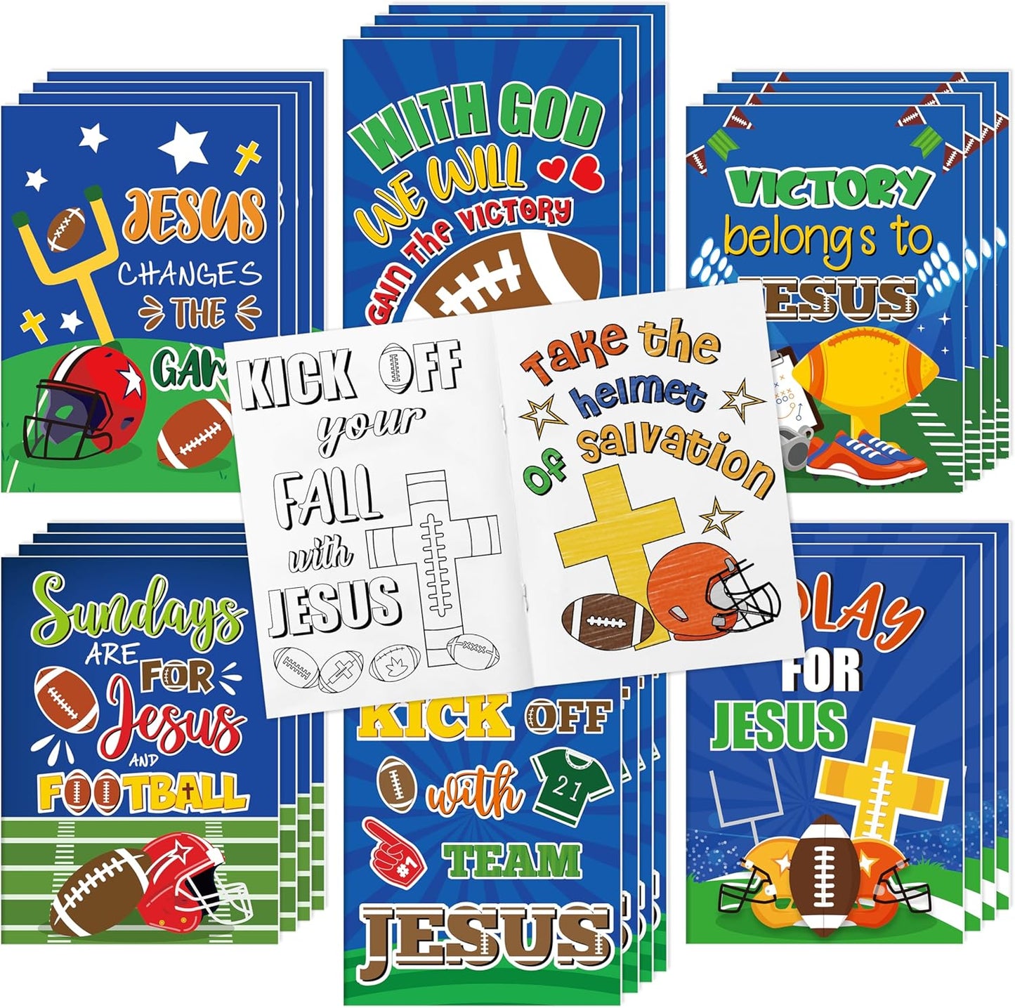 JAPBOR Football Coloring Books for Kids - 24PCS Mini Christian Themed Color Book Bulk Party Favors, Religious Jesus Bible Small Colour Pages for Sunday School Church Classroom Drawing Painting Games