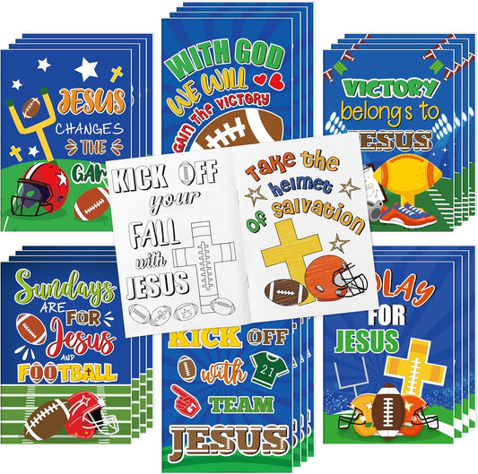 JAPBOR Football Coloring Books for Kids - 24PCS Mini Christian Themed Color Book Bulk Party Favors, Religious Jesus Bible Small Colour Pages for Sunday School Church Classroom Drawing Painting Games