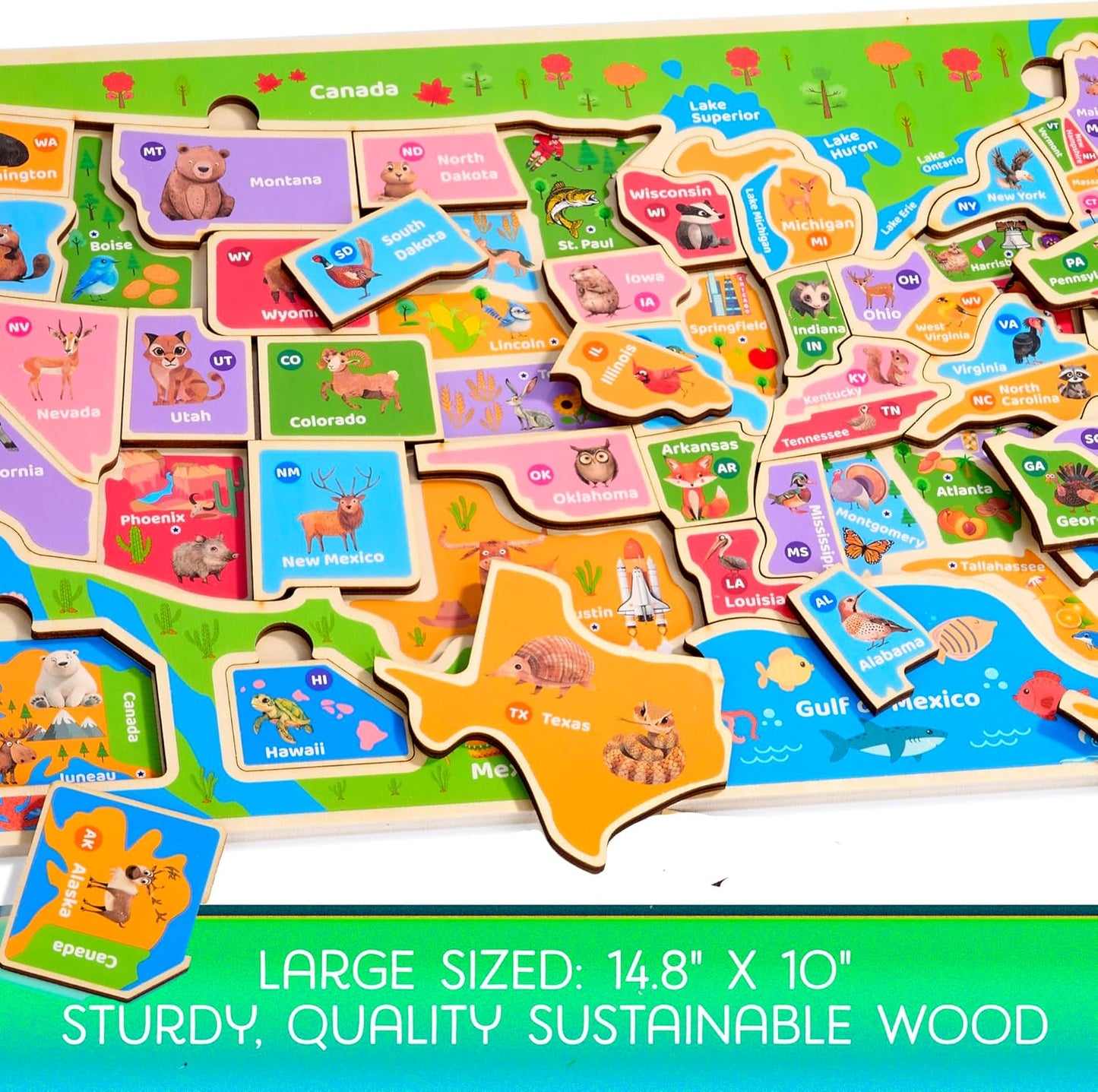 Montessori Mama USA Map Wooden Puzzle, Puzzles for Kids Ages 4-6 Educational Toys for 4 Year Old Kids Puzzles Ages 5-8 Landmarks, Animals, Capitols and States