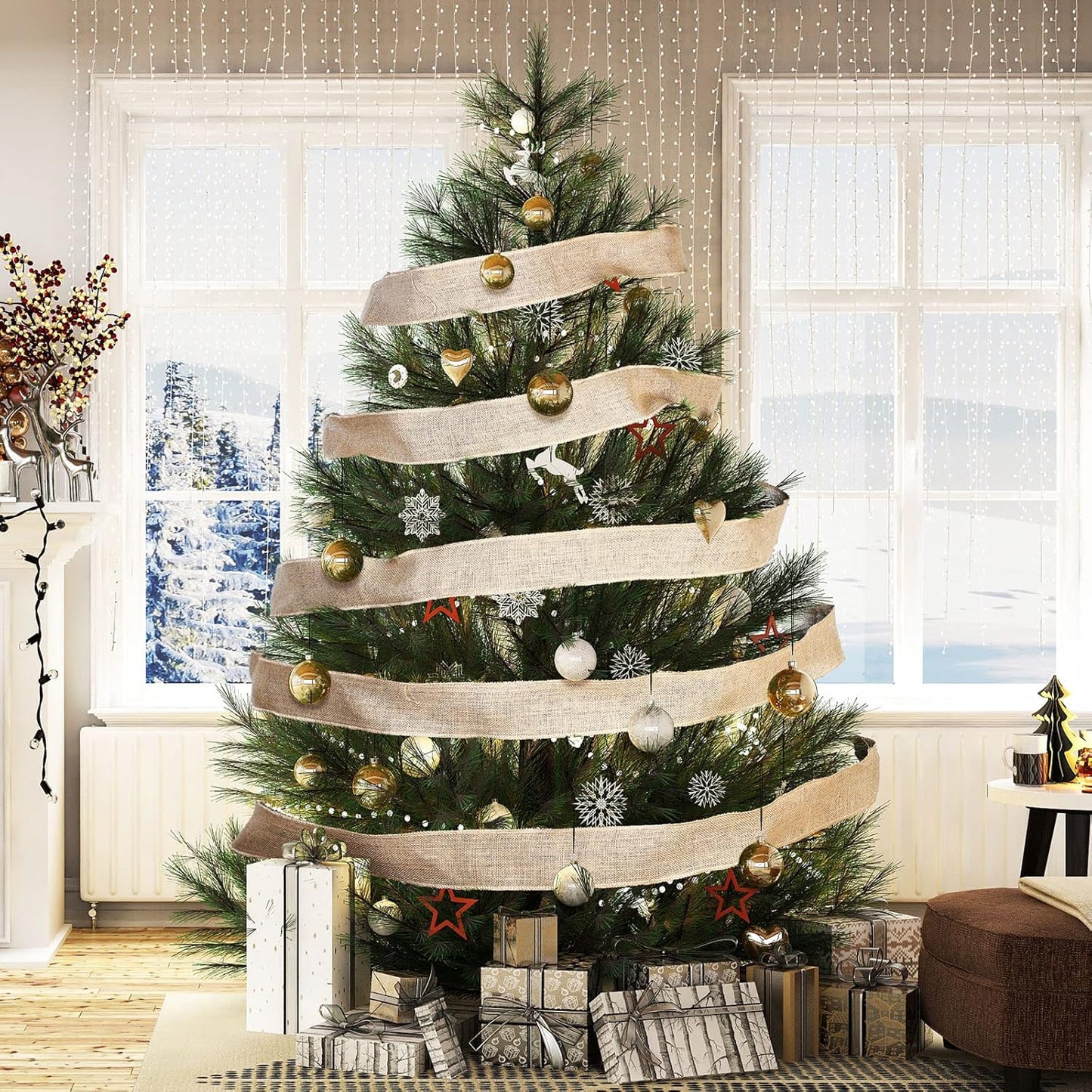 20 Yard 4 Inches Burlap Ribbon Wide Jute Ribbon Natural Burlap Fabric Roll Wired Edge for Wreaths, Christmas Tree Decoration, Big Bow Crafts, Gift Wrapping, Wedding